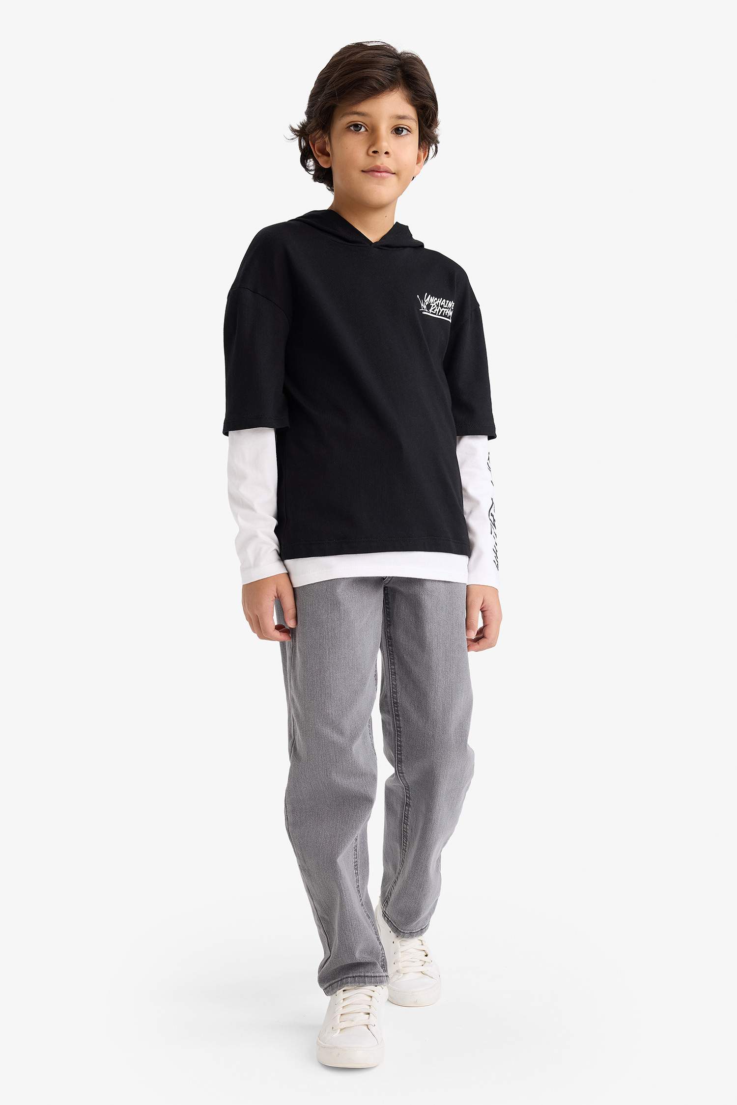 Erkek Çocuk Kapüşonlu Baskılı Uzun Kollu Tişört