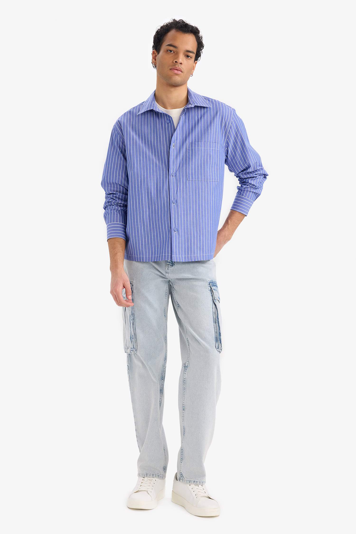 Boxy Fit Çizgili Uzun Kollu Gömlek