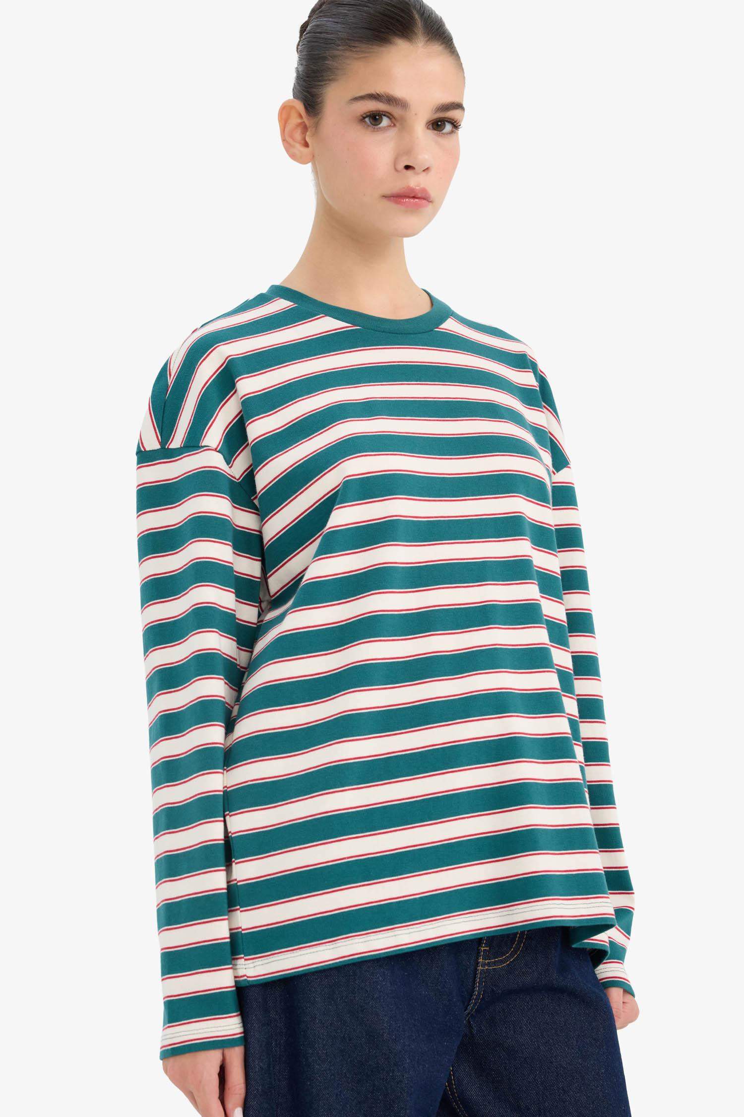 Oversıze Geniş Kalıp Bisiklet Yaka Uzun Kollu Tişört