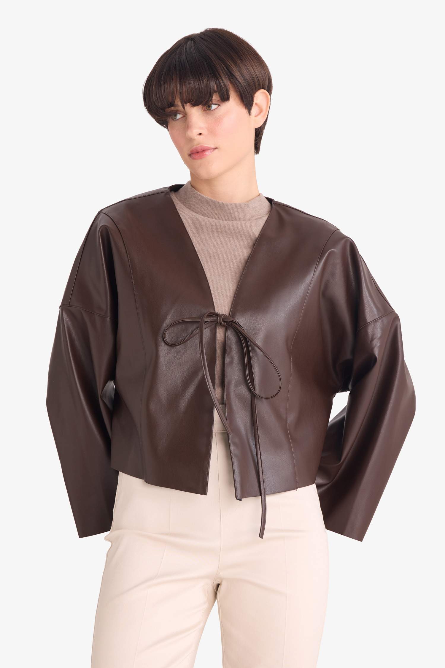 Önden Bağlamalı Suni Deri Ceket