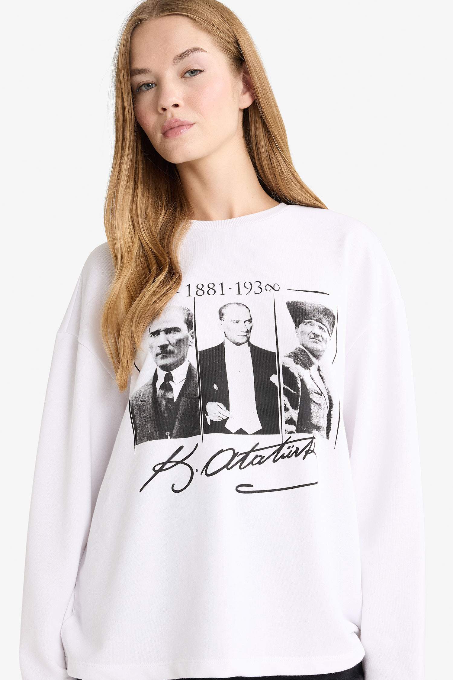 Coool Overshirt Fit Bisiklet Yaka Atatürk Baskılı Kalın Uzun Kollu Tişört