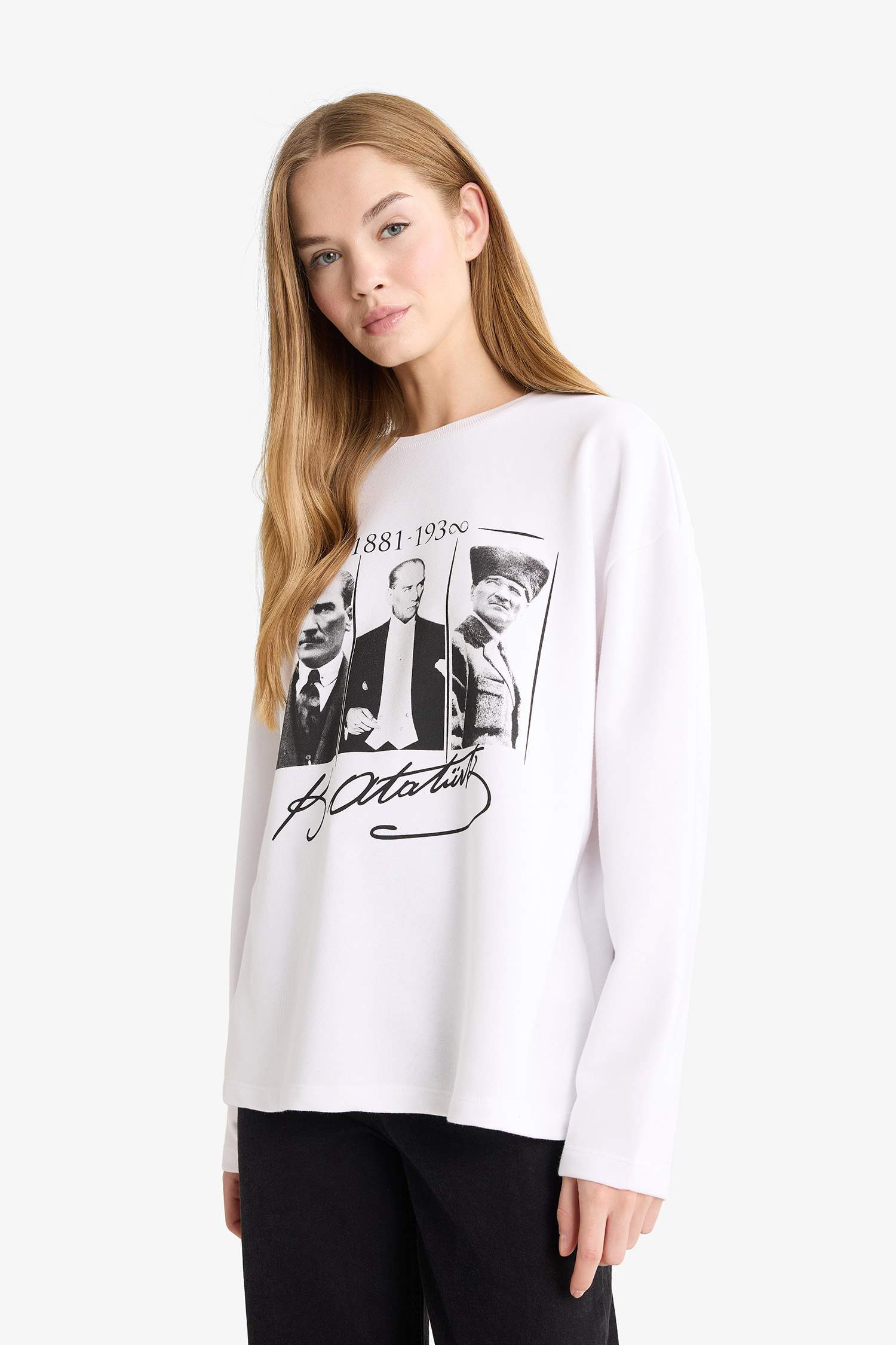 Coool Overshirt Fit Bisiklet Yaka Atatürk Baskılı Kalın Uzun Kollu Tişört