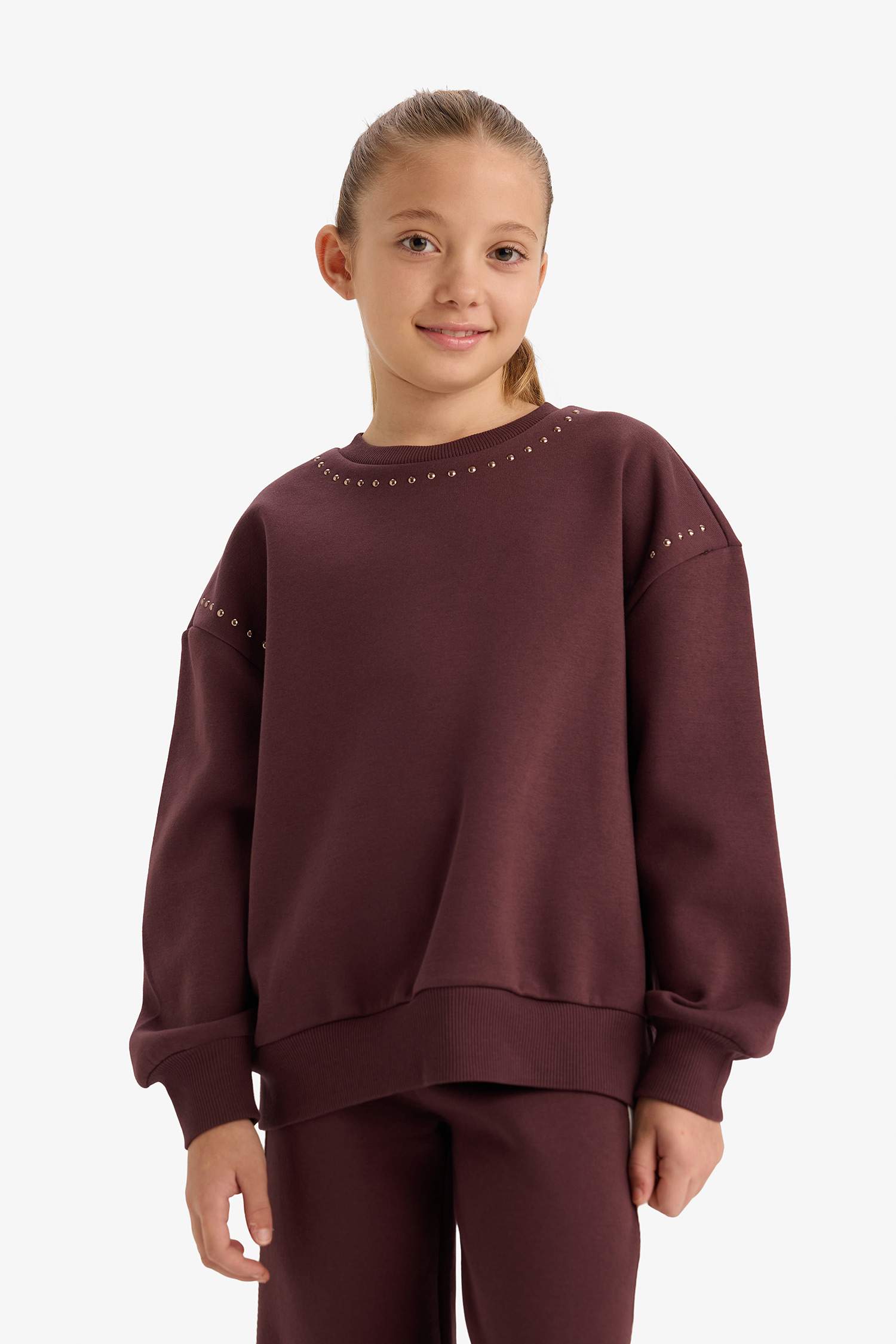 Kız Çocuk Overshirt Fit Taşlı İçi Yumuşak Tüylü Sweatshirt