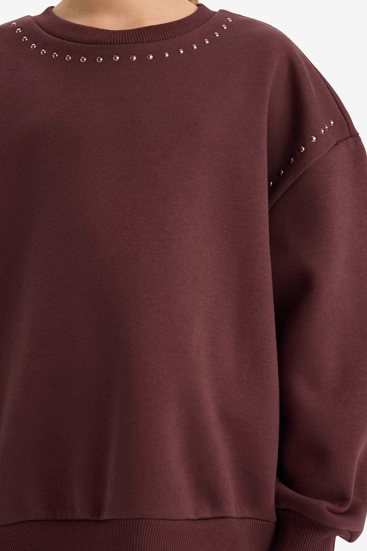 Kız Çocuk Overshirt Fit Taşlı İçi Yumuşak Tüylü Sweatshirt