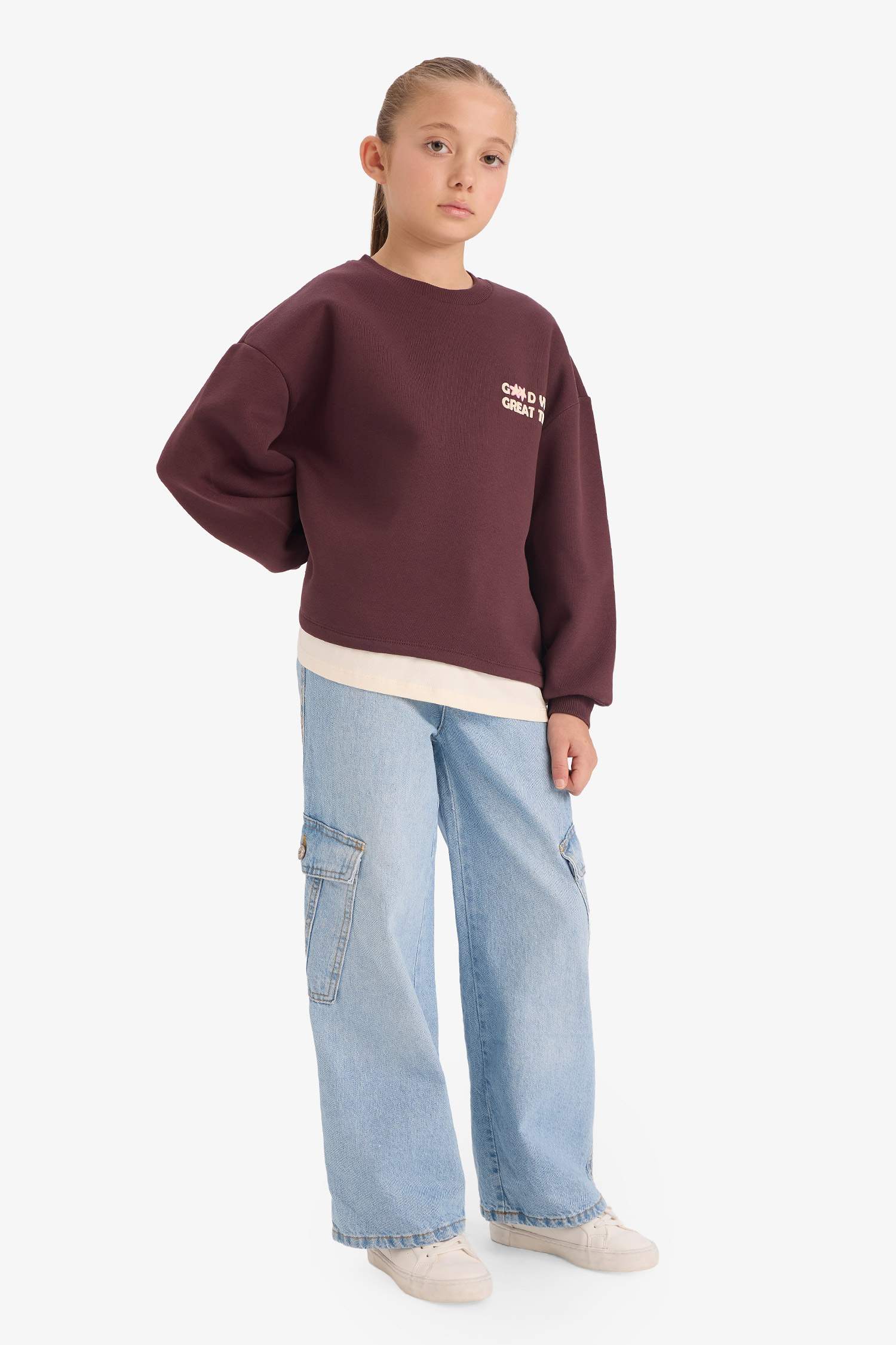 Kız Çocuk Overshirt Fit Sırt Baskılı İçi Yumuşak Tüylü Sweatshirt