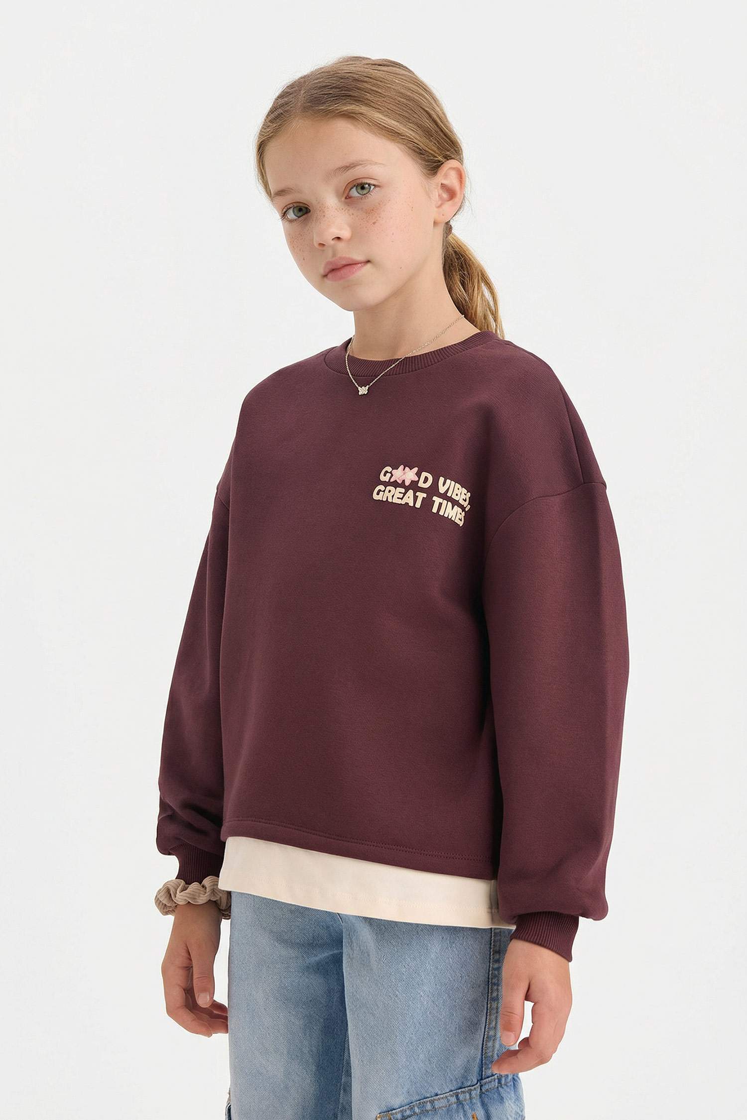 Kız Çocuk Overshirt Fit Sırt Baskılı İçi Yumuşak Tüylü Sweatshirt