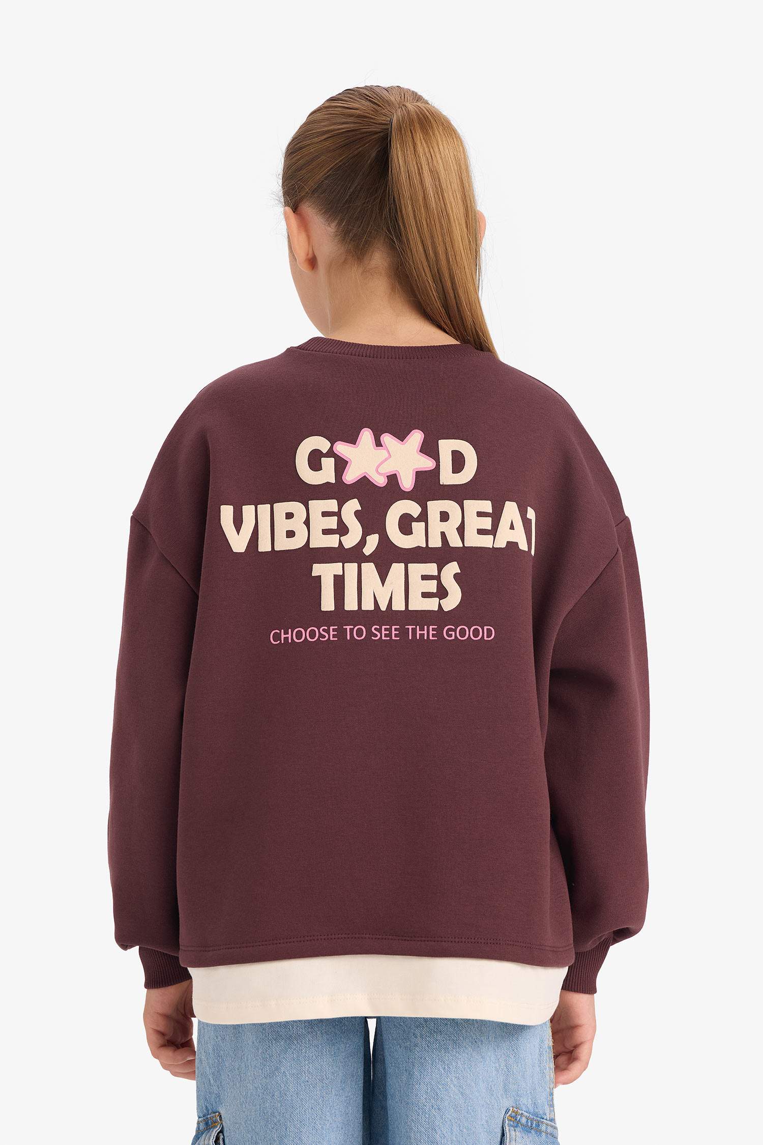 Kız Çocuk Overshirt Fit Sırt Baskılı İçi Yumuşak Tüylü Sweatshirt