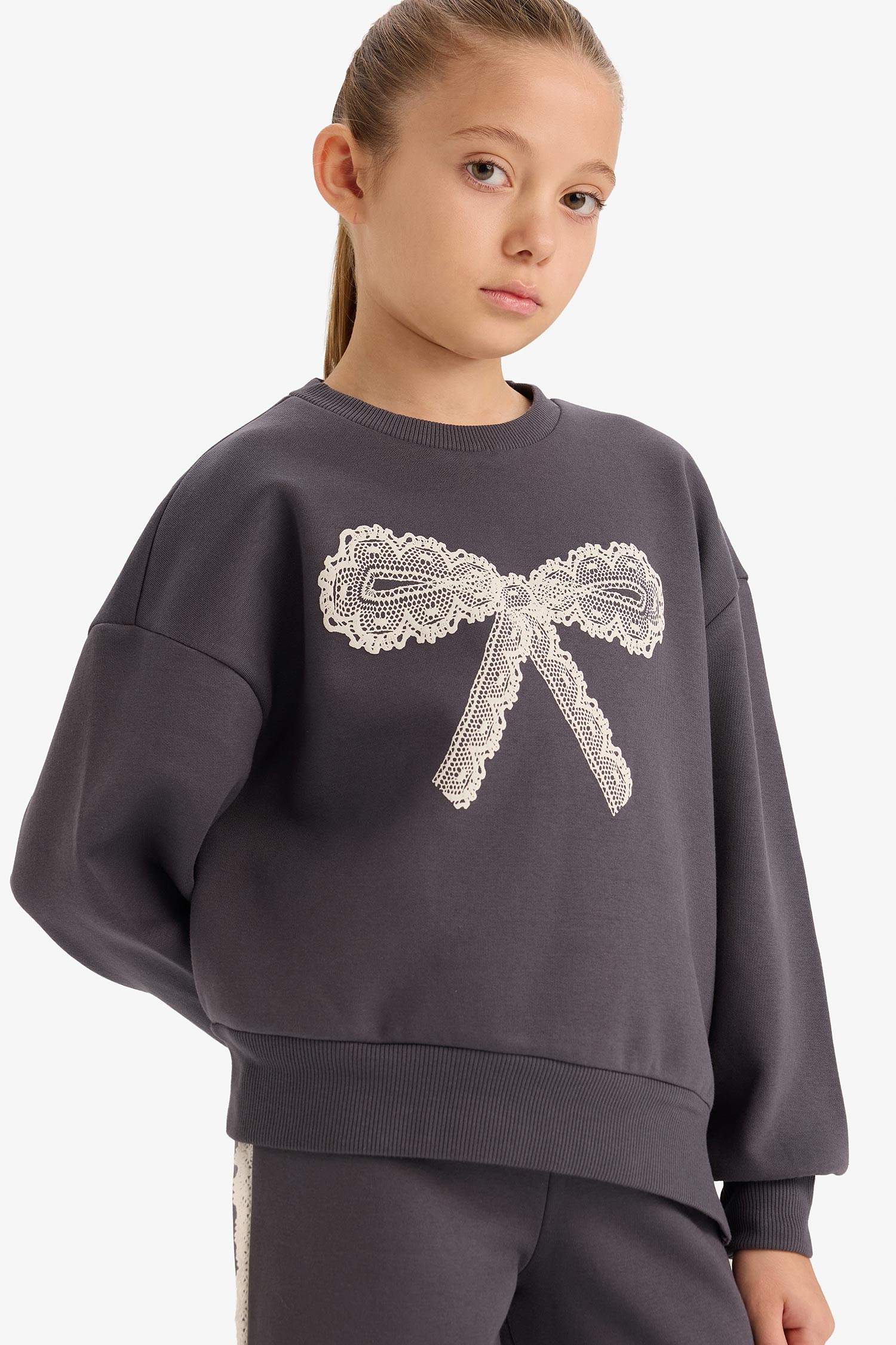 Kız Çocuk Overshirt Fit Baskılı İçi Yumuşak Tüylü Sweatshirt