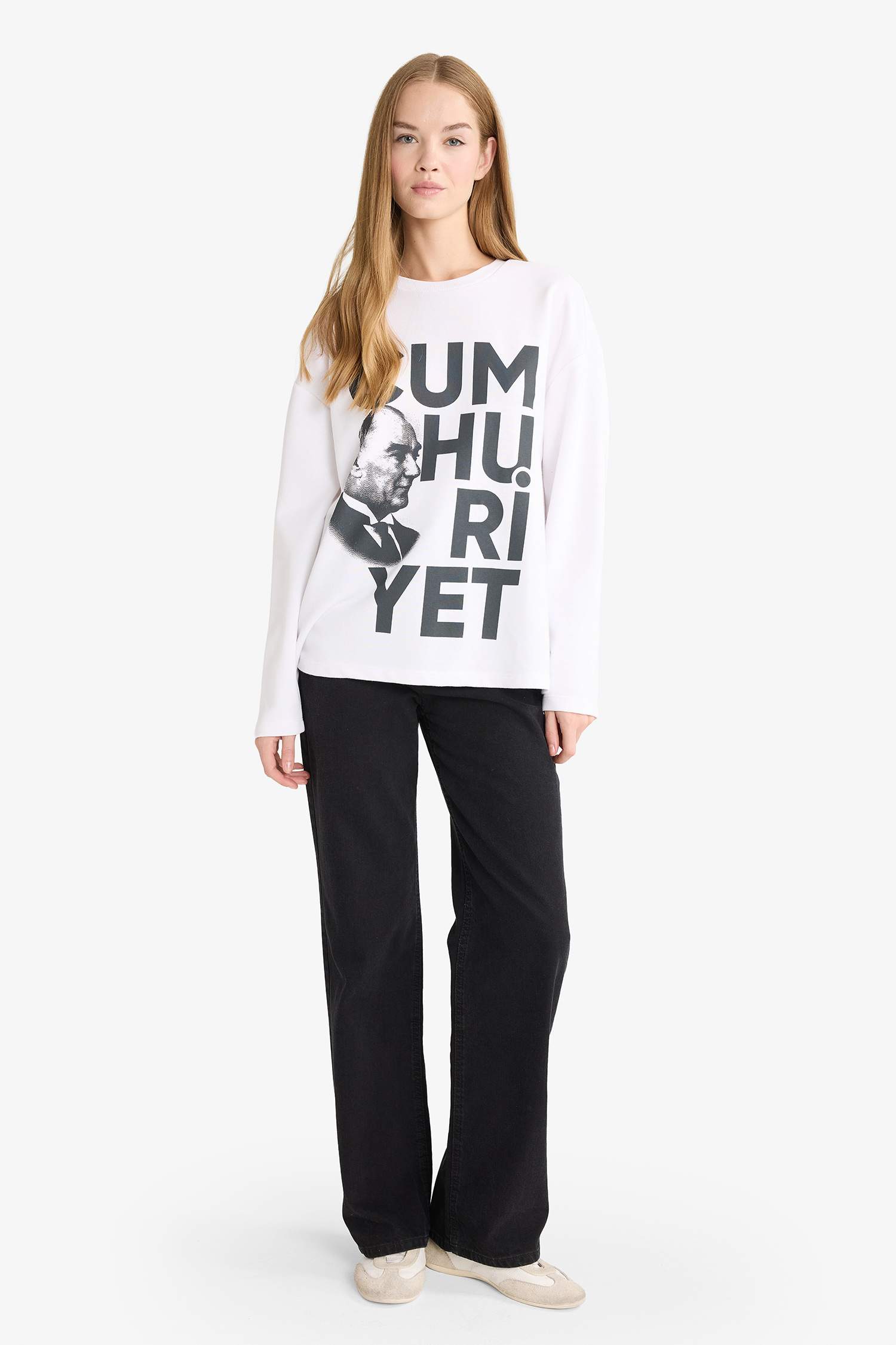 Oversize Geniş Kalıp Bisiklet Yaka Atatürk Baskılı Kalın Uzun Kollu Tişört