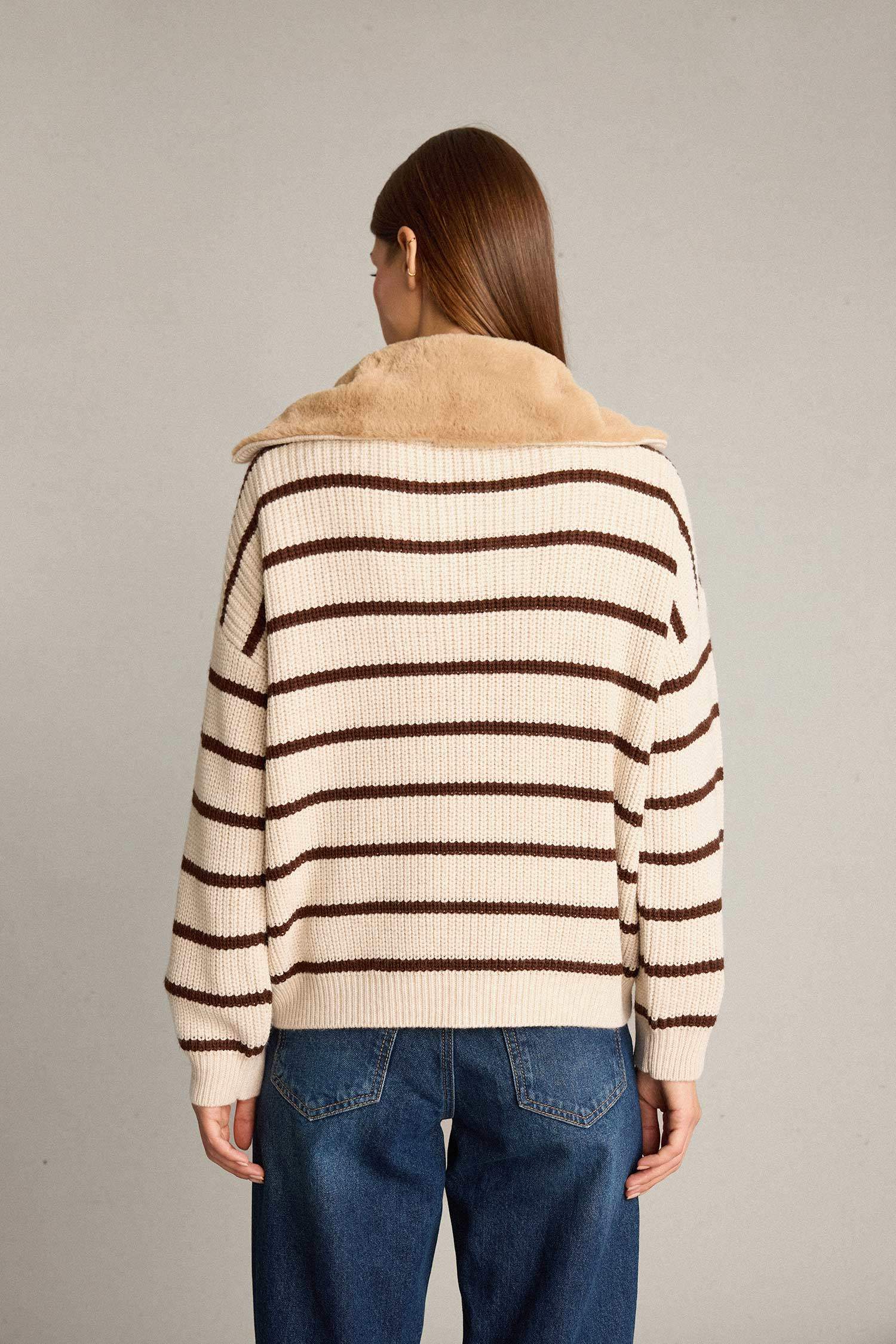 Overshirt Fit Balıkçı Yaka Yarım Fermuarlı Çizgili Pamuklu Triko Kazak