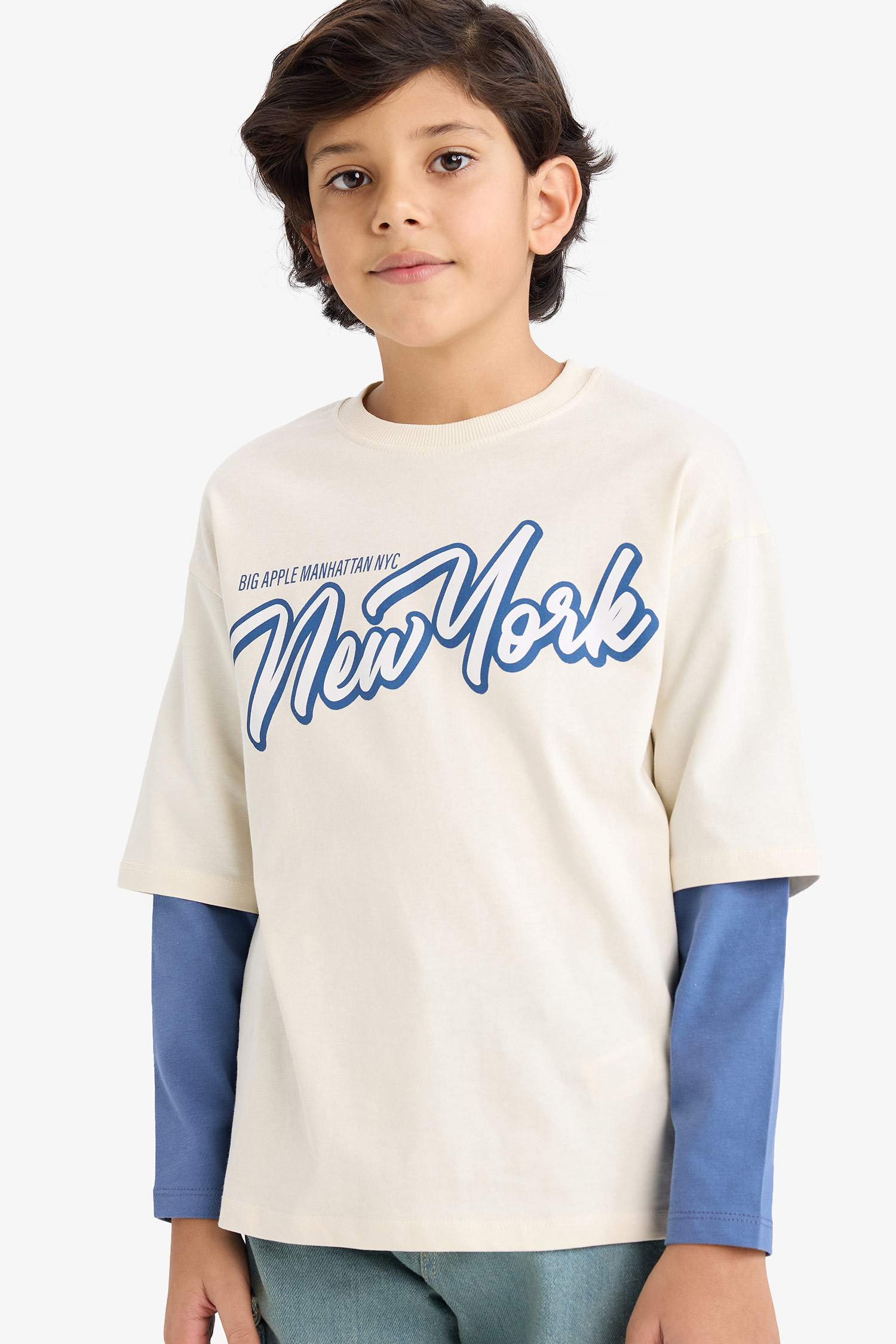 Erkek Çocuk Oversize Geniş Kalıp Bisiklet Yaka Baskılı Uzun Kollu Tişört