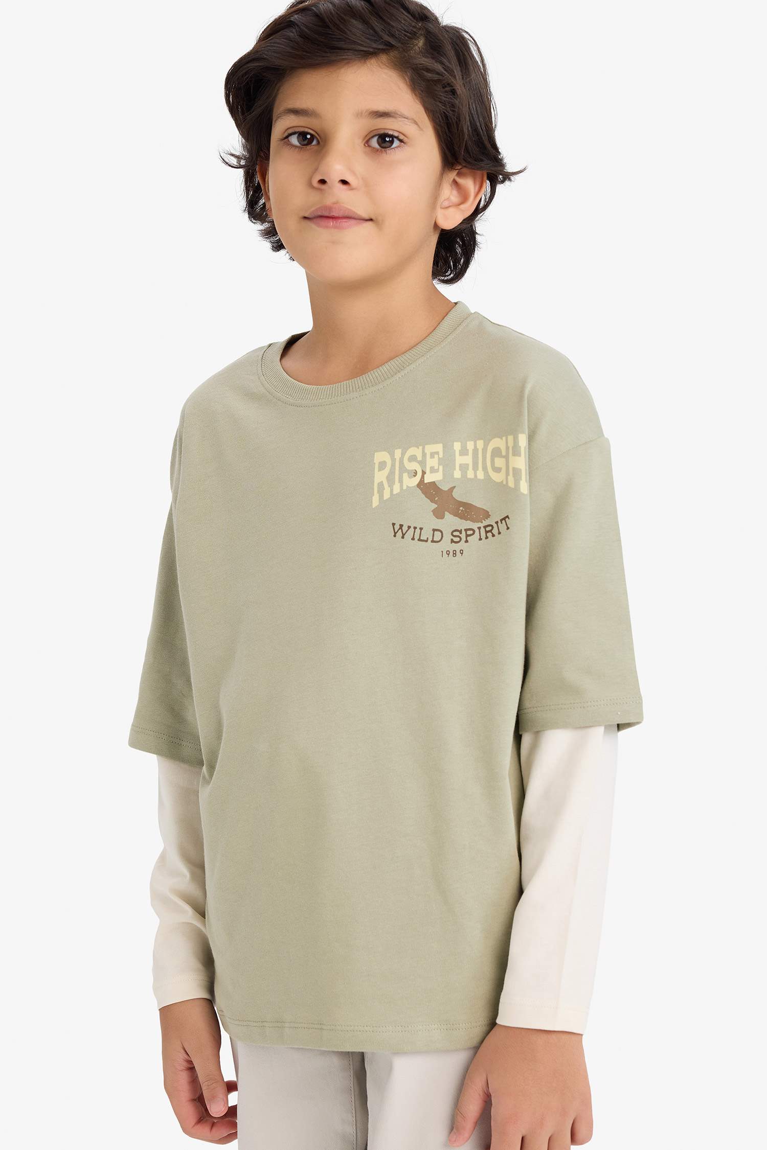 Erkek Çocuk Oversize Geniş Kalıp Bisiklet Yaka Baskılı Uzun Kollu Tişört