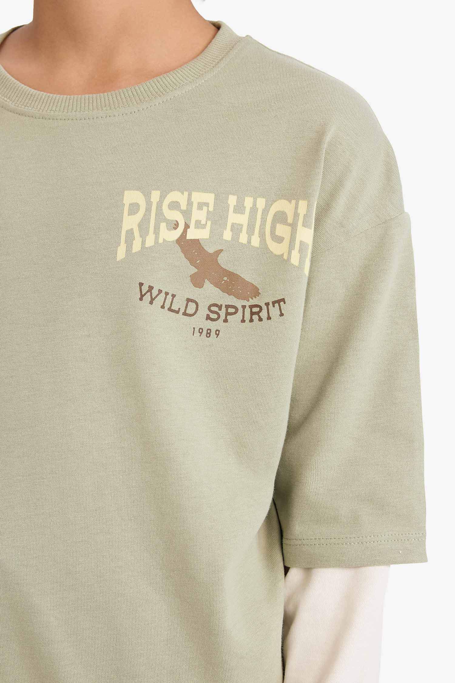 Erkek Çocuk Oversize Geniş Kalıp Bisiklet Yaka Baskılı Uzun Kollu Tişört