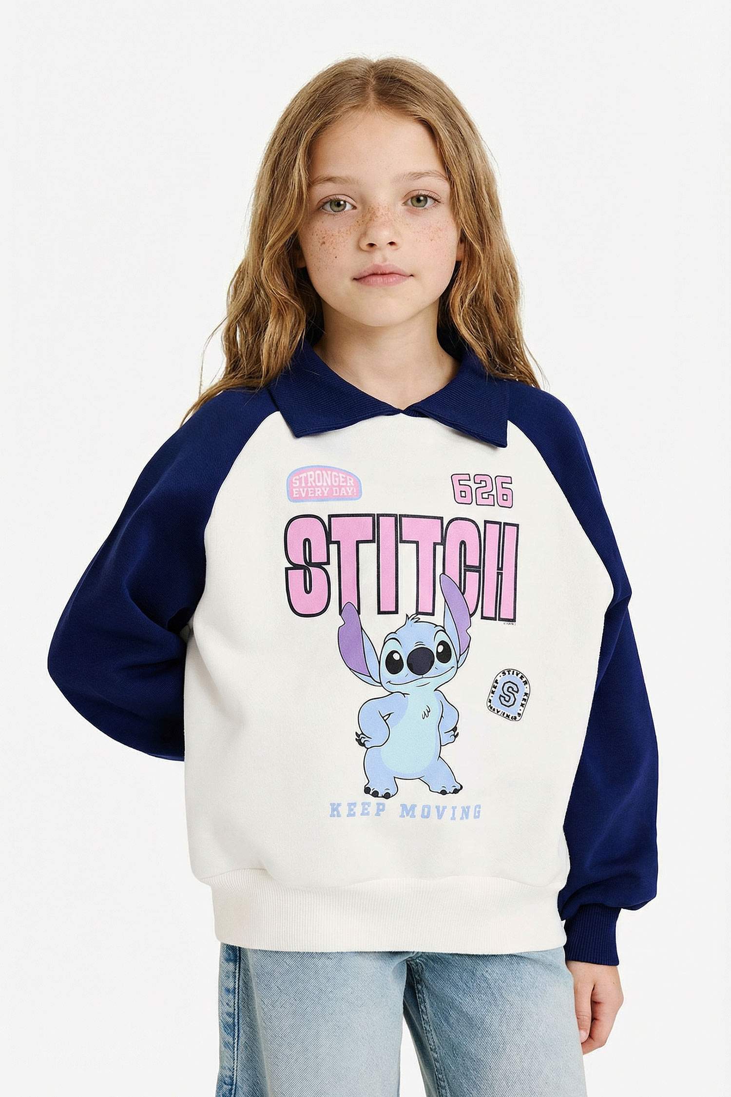 Kız Çocuk Disney Lilo & Stitch Oversize Geniş Kalıp Polo Yaka İçi Yumuşak Tüylü Sweatshirt