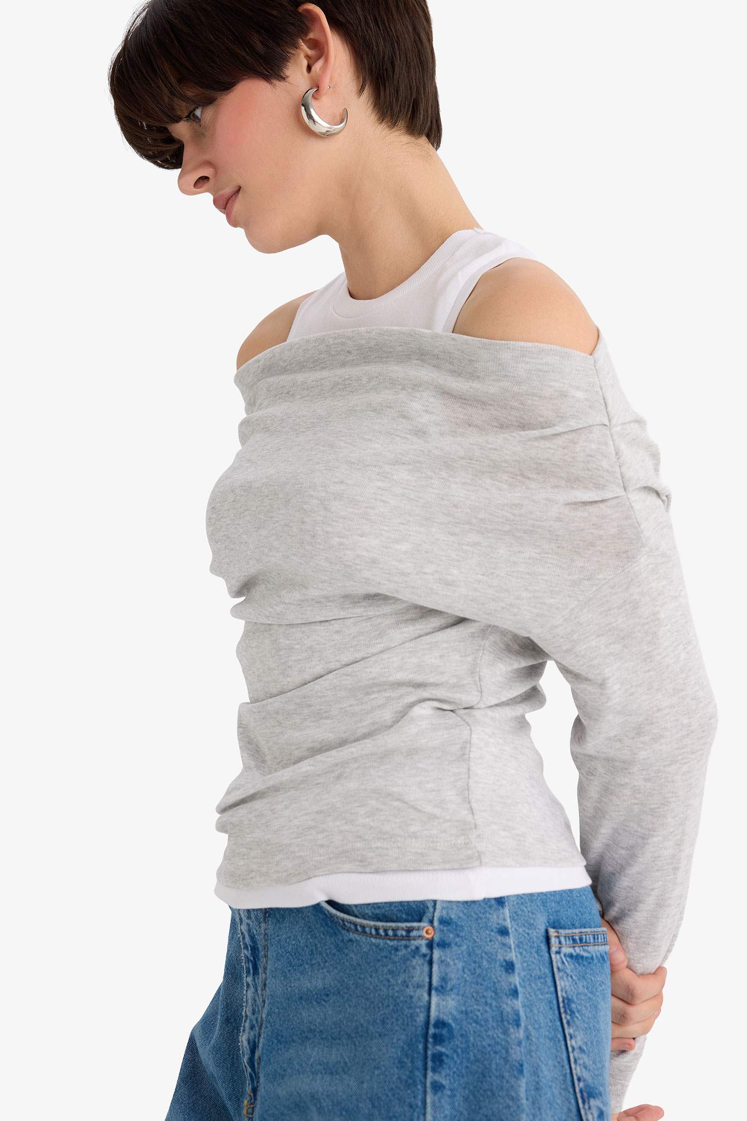 Slim Fit Dar Kesim Tek Omuzlu Çift Katmanlı Ribana Uzun Kollu Tişört