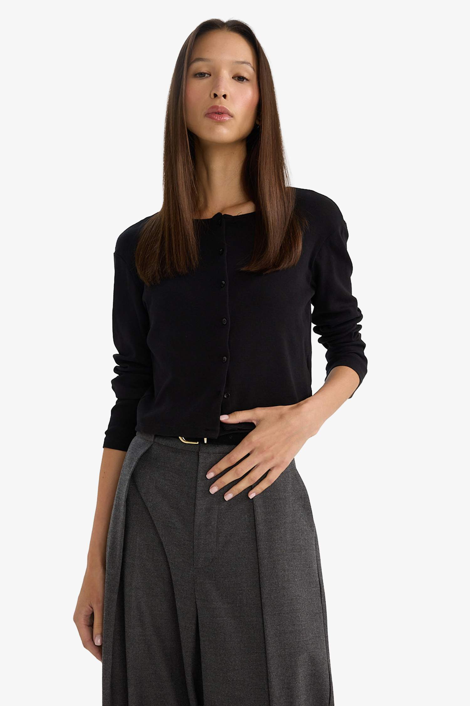 Slim Fit Dar Kesim Bisiklet Yaka Ribana Uzun Kollu Tişört