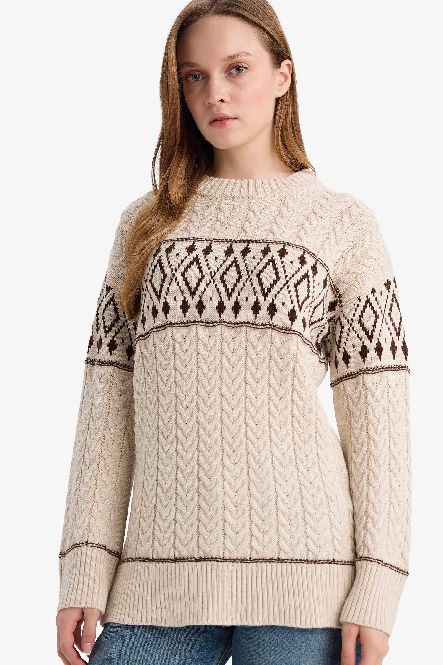 Regular Fit Bisiklet Yaka Desenl Triko Kazak Tunik