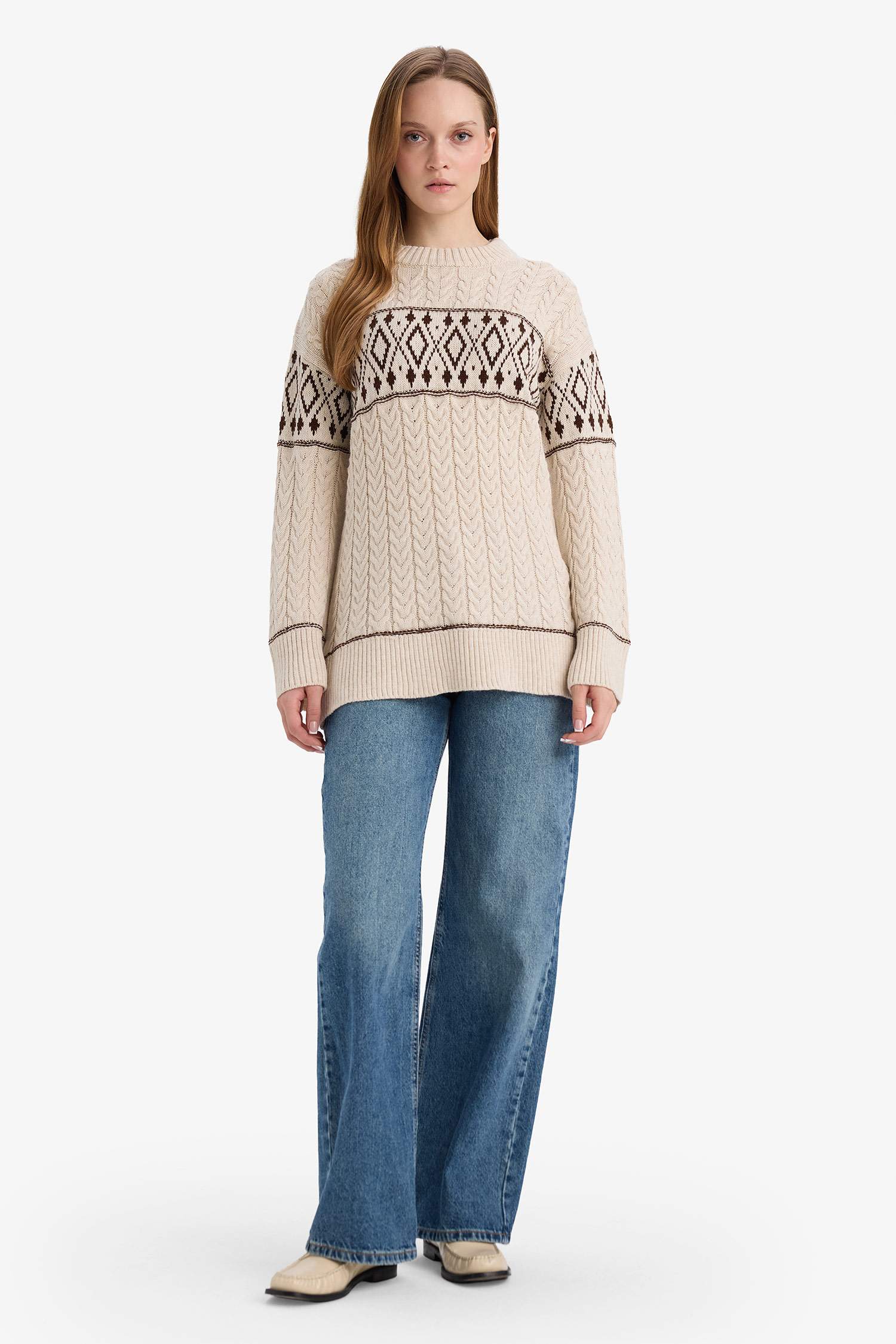 Regular Fit Bisiklet Yaka Desenl Triko Kazak Tunik