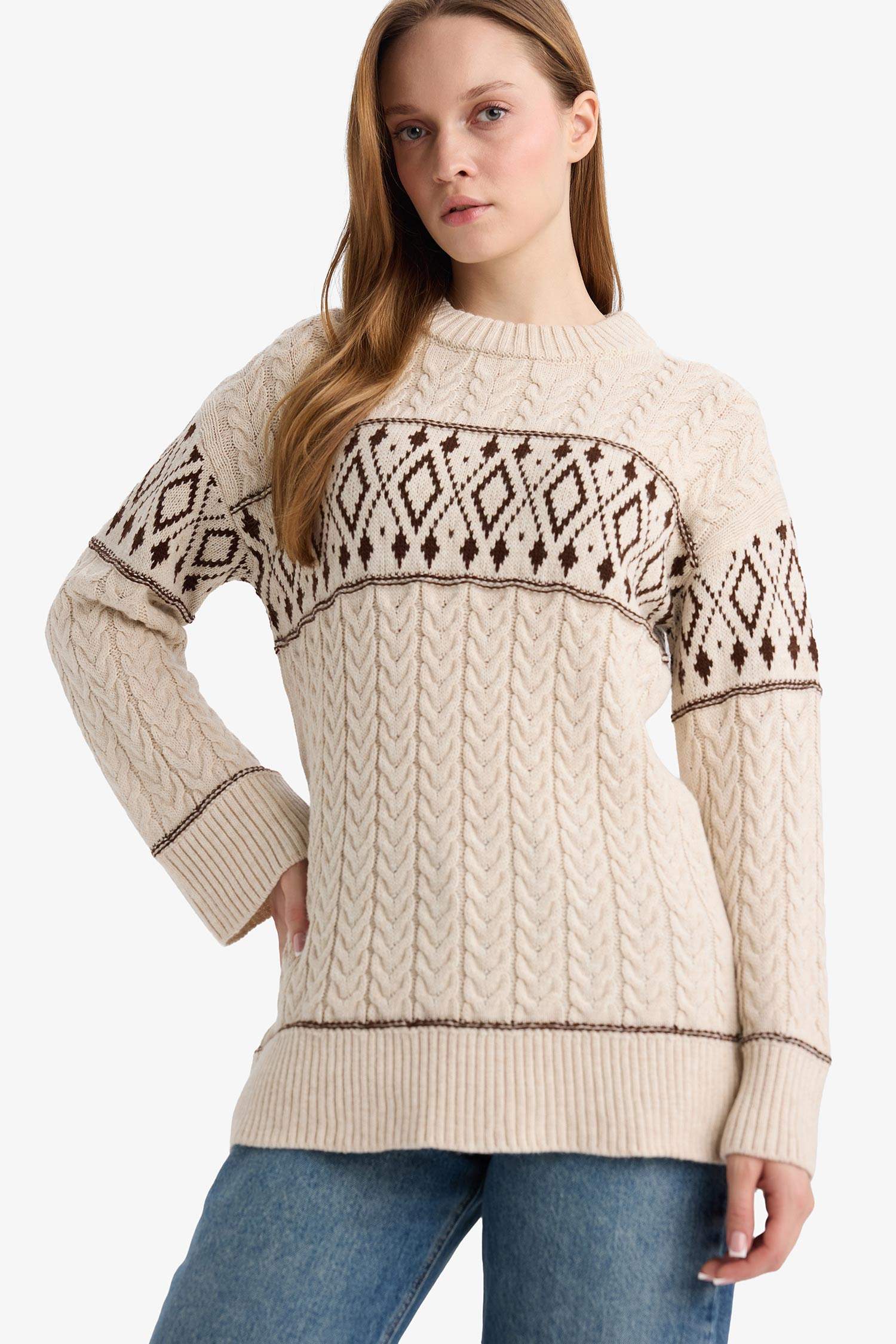 Regular Fit Bisiklet Yaka Desenl Triko Kazak Tunik