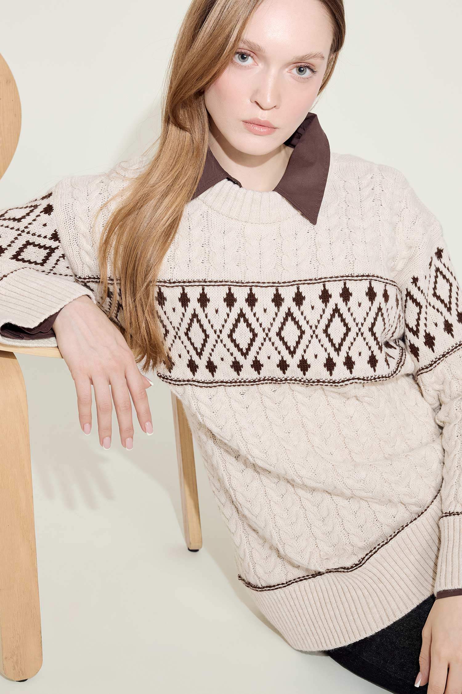 Regular Fit Bisiklet Yaka Desenl Triko Kazak Tunik