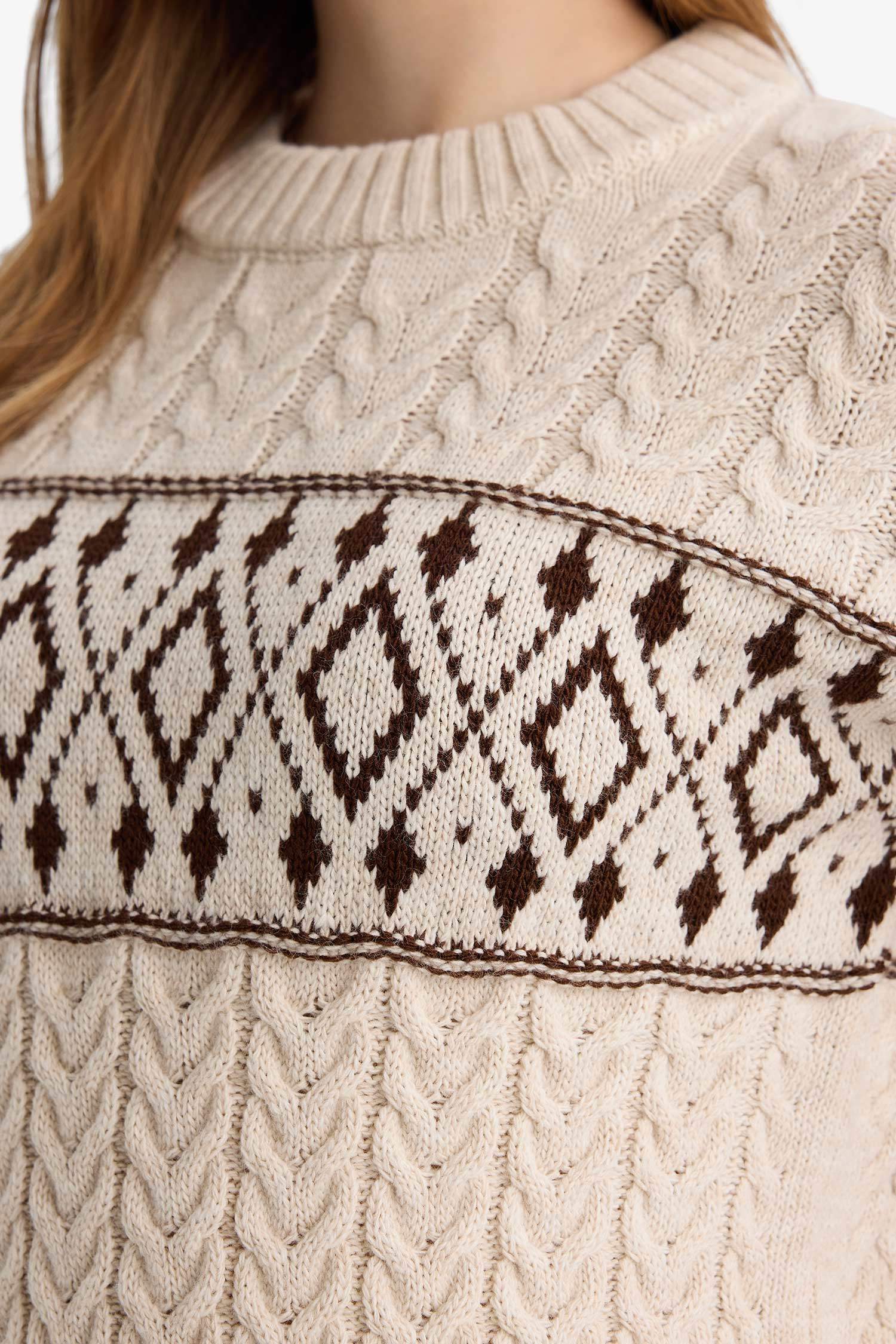 Regular Fit Bisiklet Yaka Desenl Triko Kazak Tunik