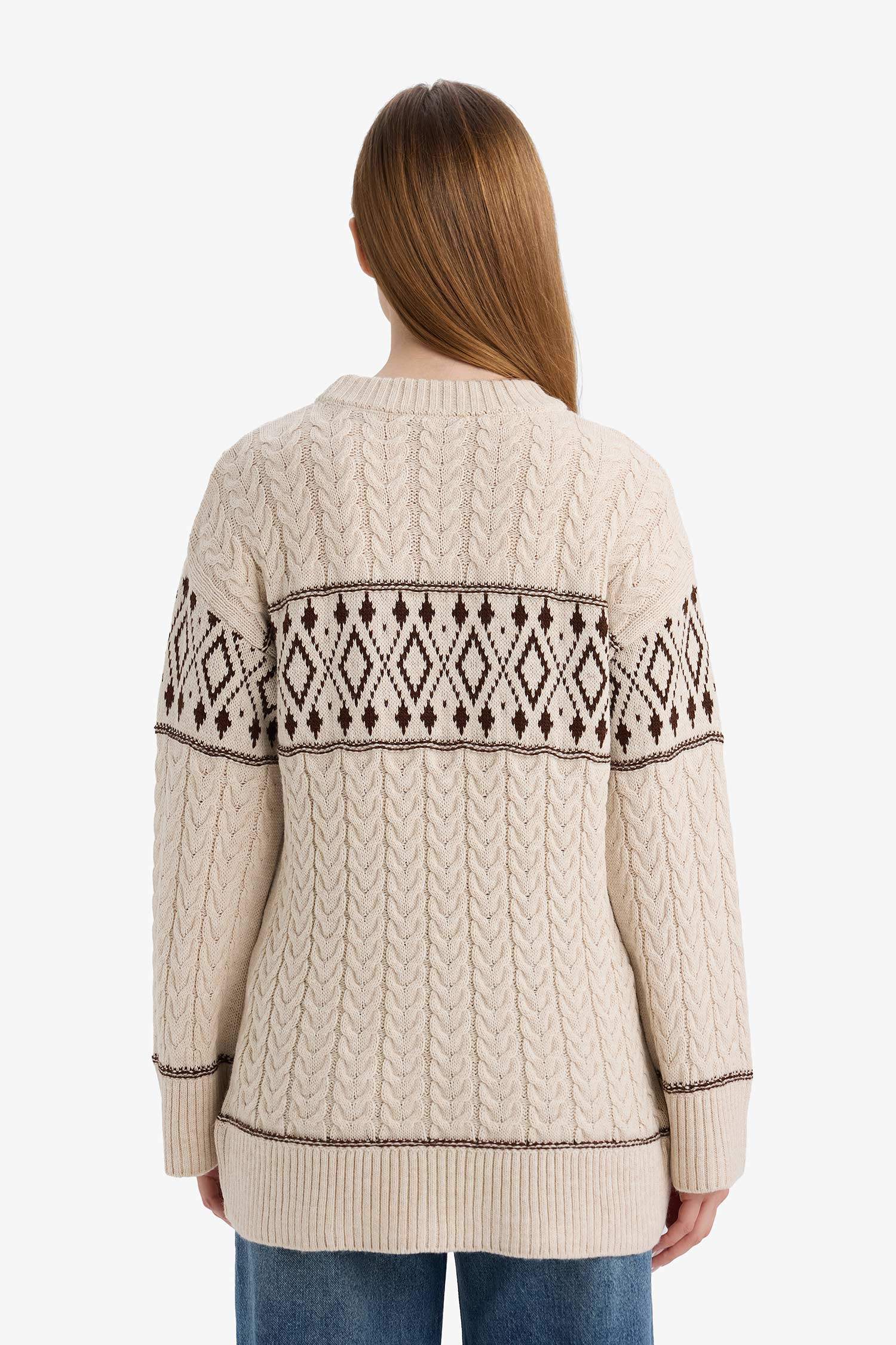 Regular Fit Bisiklet Yaka Desenl Triko Kazak Tunik