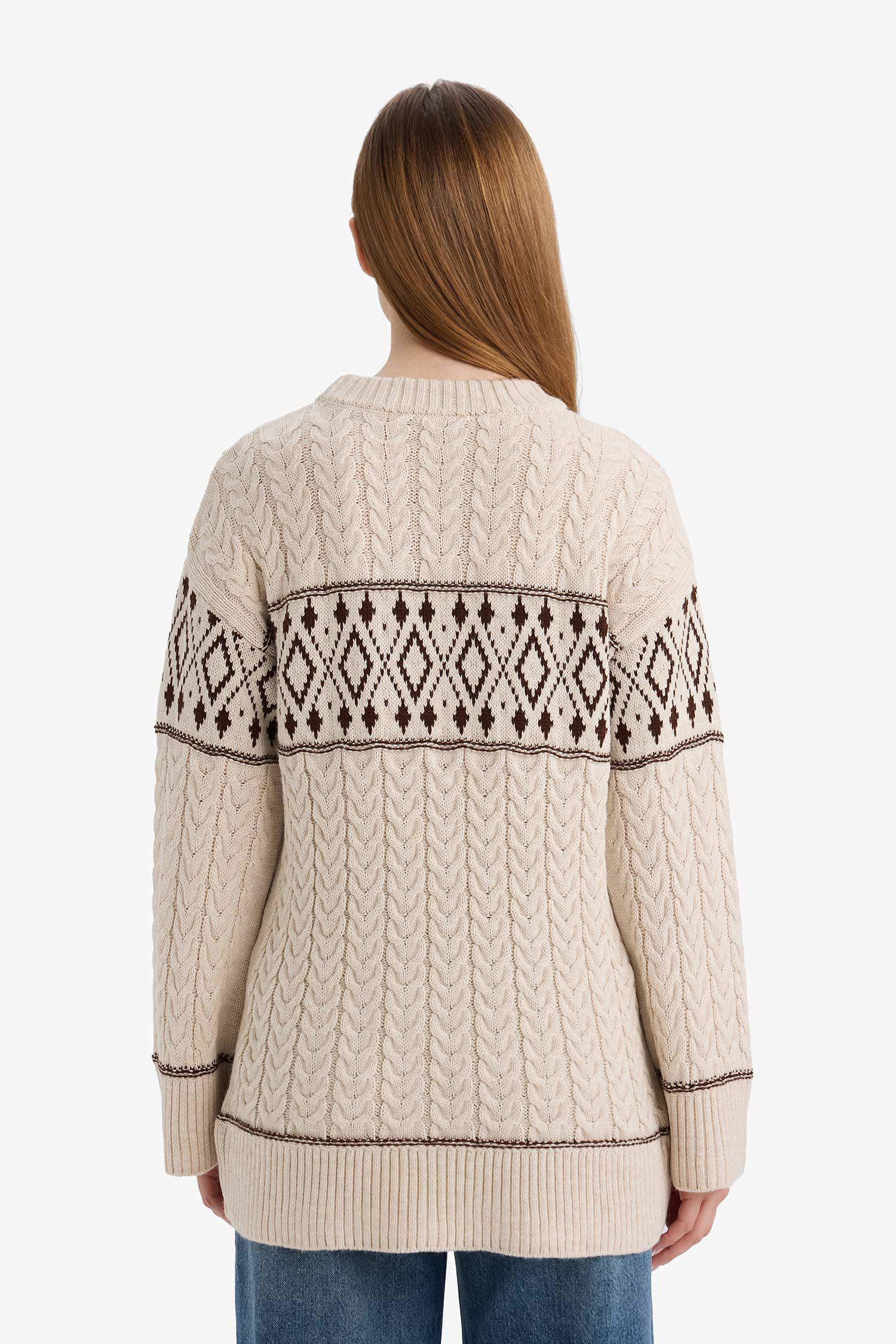 Regular Fit Bisiklet Yaka Desenl Triko Kazak Tunik