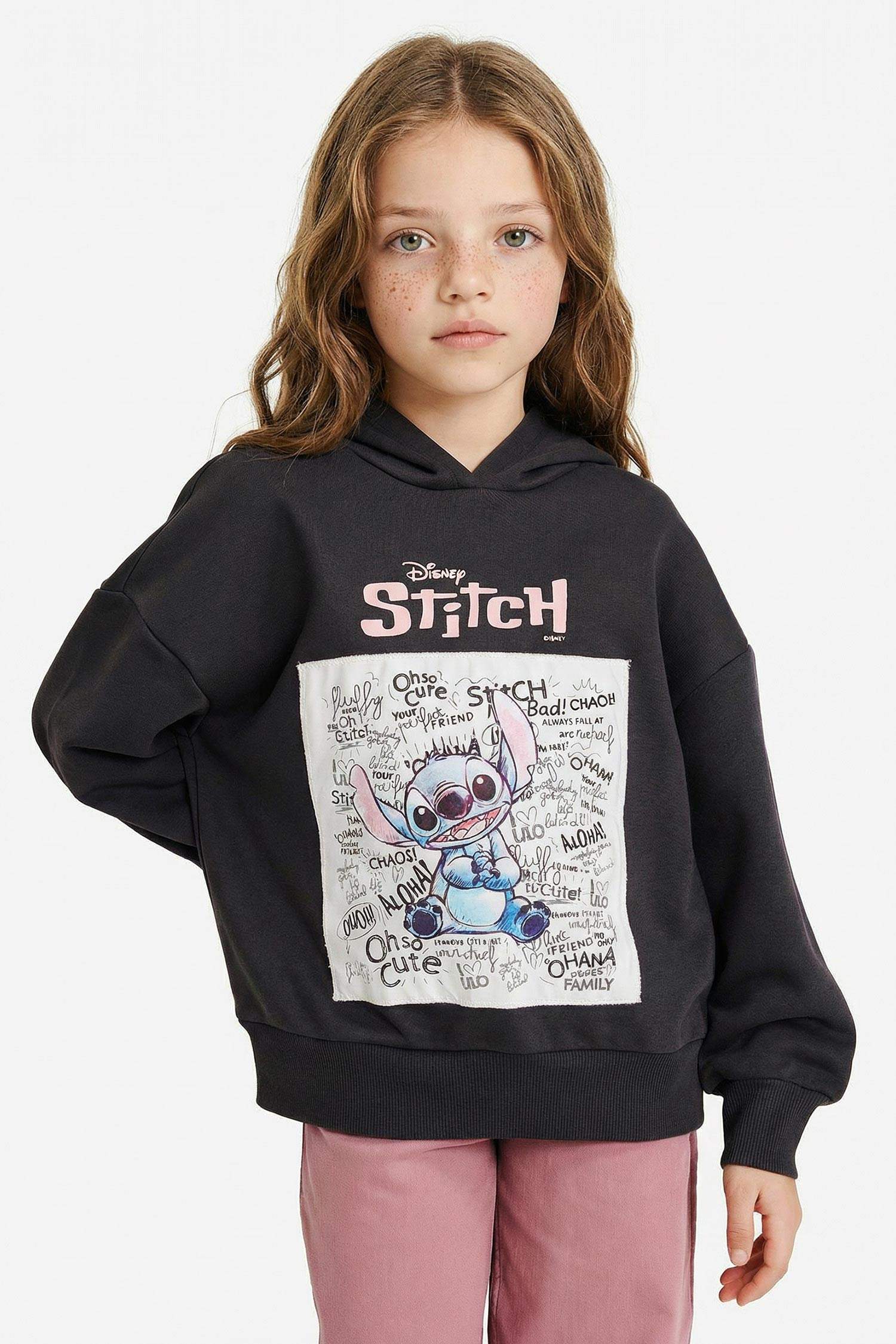 Kız Çocuk Disney Lilo & Stitch Oversize Geniş Kalıp Kapüşonlu İçi Yumuşak Tüylü Sweatshirt