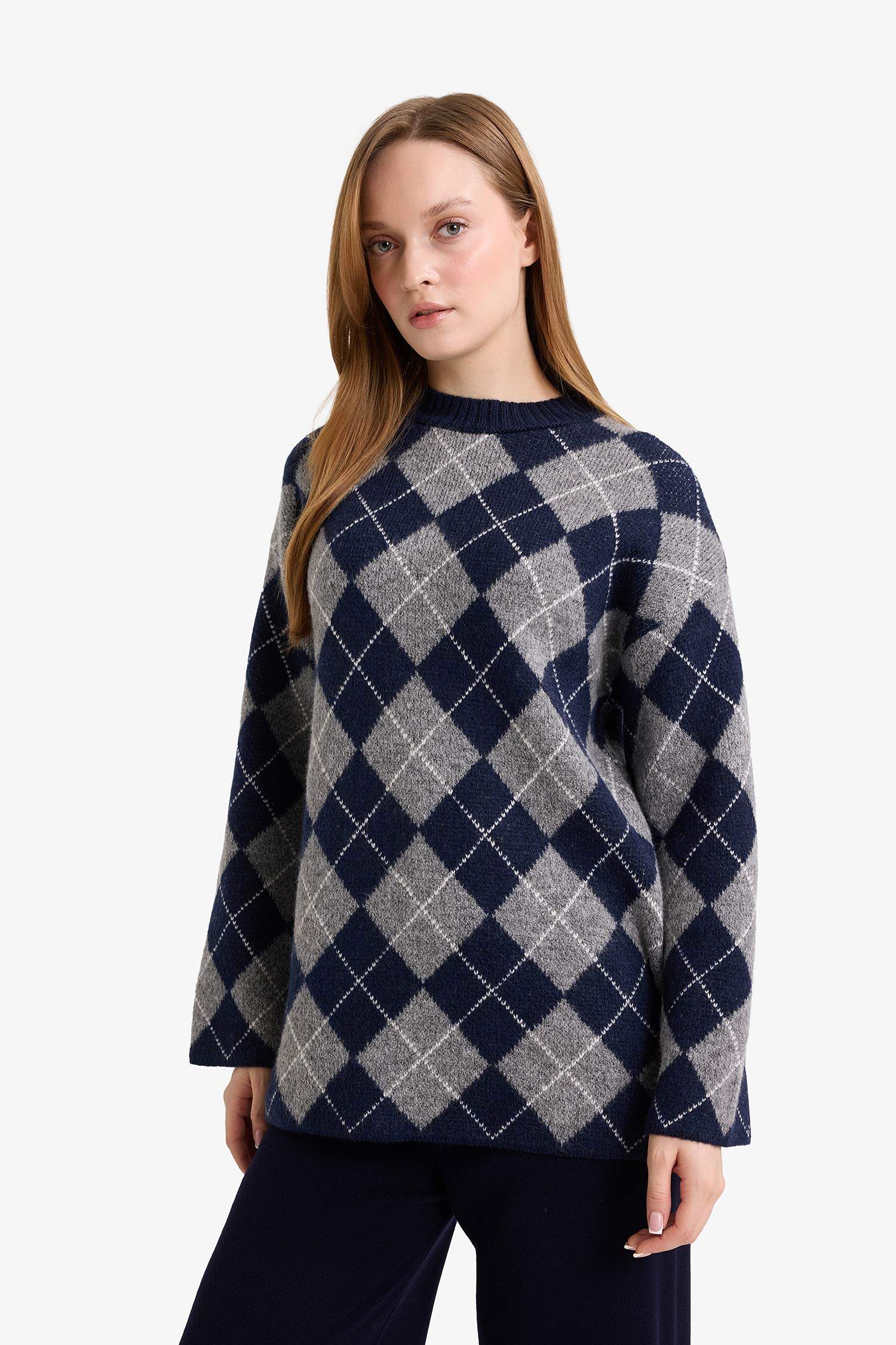 Regular Fit Bisiklet Yaka Baklava Desenli Triko Kazak Tunik