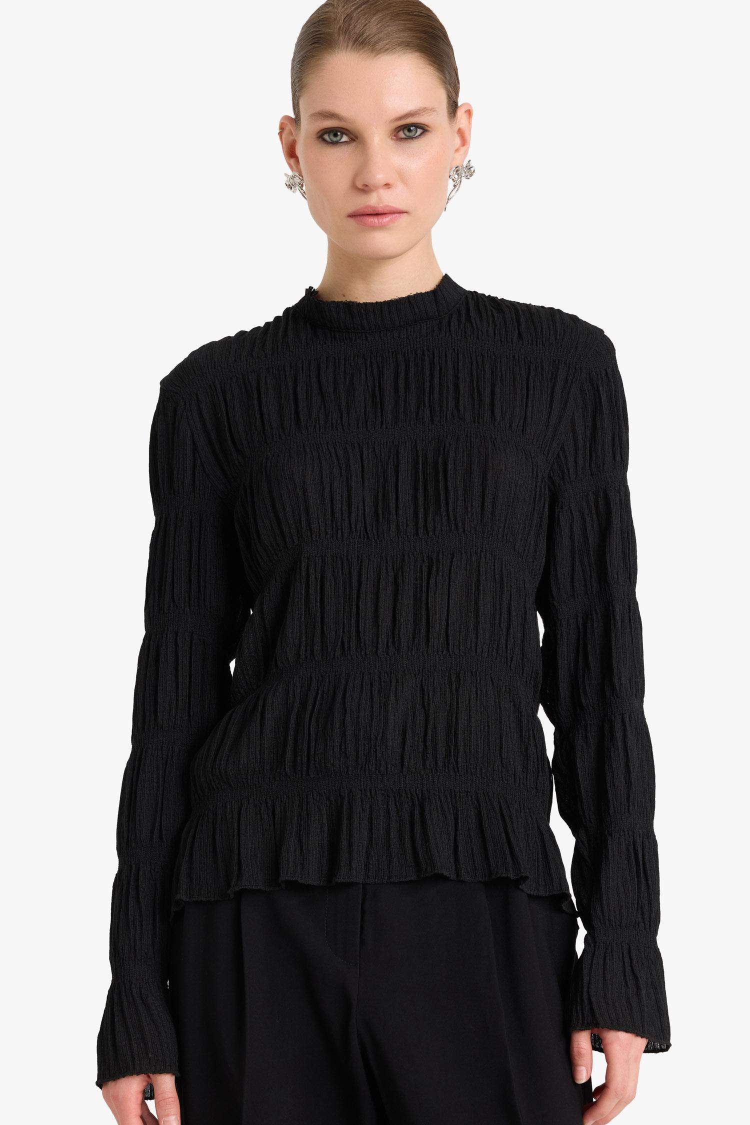 Regular Fit Bisiklet Yaka Arkası Bağlamalı Bürümcük Uzun Kollu Bluz