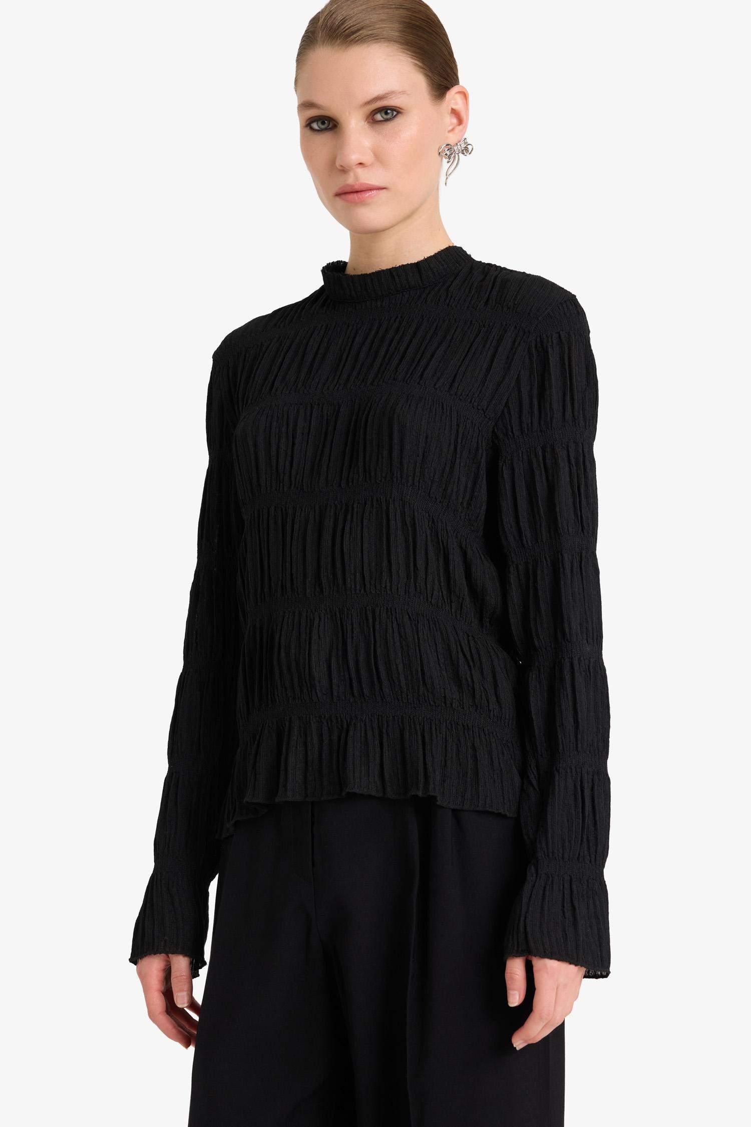 Regular Fit Bisiklet Yaka Arkası Bağlamalı Bürümcük Uzun Kollu Bluz