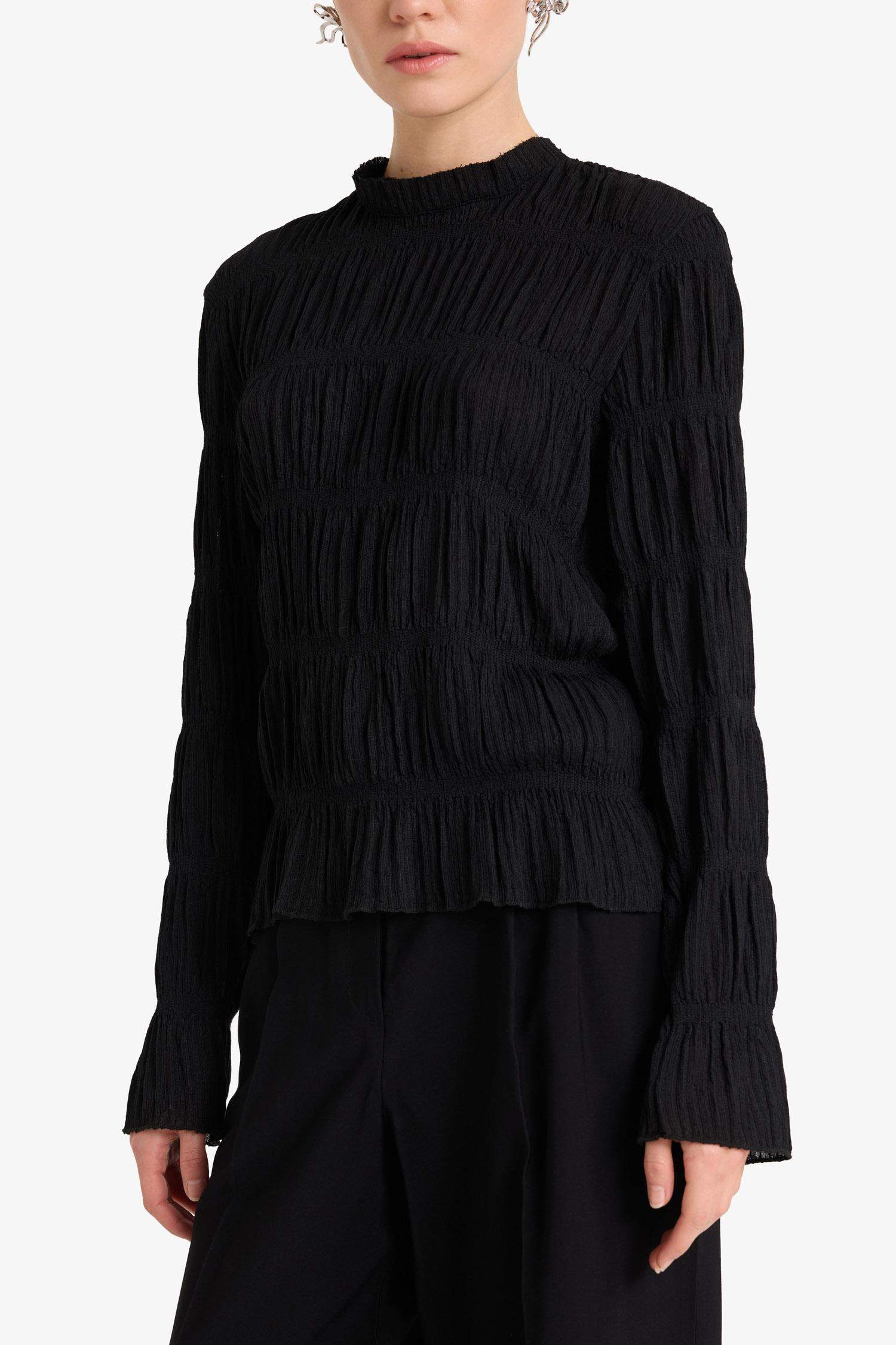 Regular Fit Bisiklet Yaka Arkası Bağlamalı Bürümcük Uzun Kollu Bluz