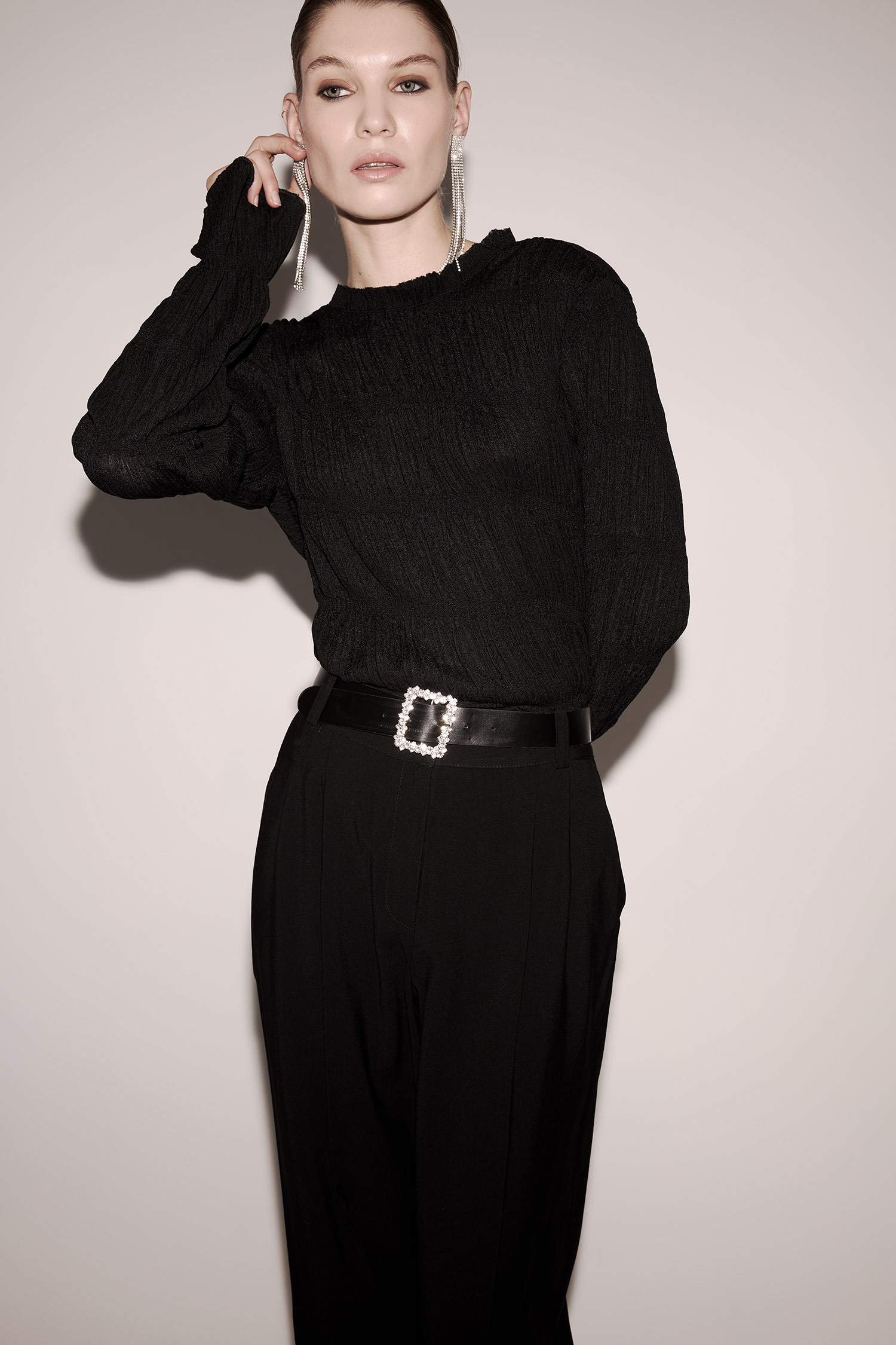 Regular Fit Crew Neck Crepe Long Sleeve T-Shirt