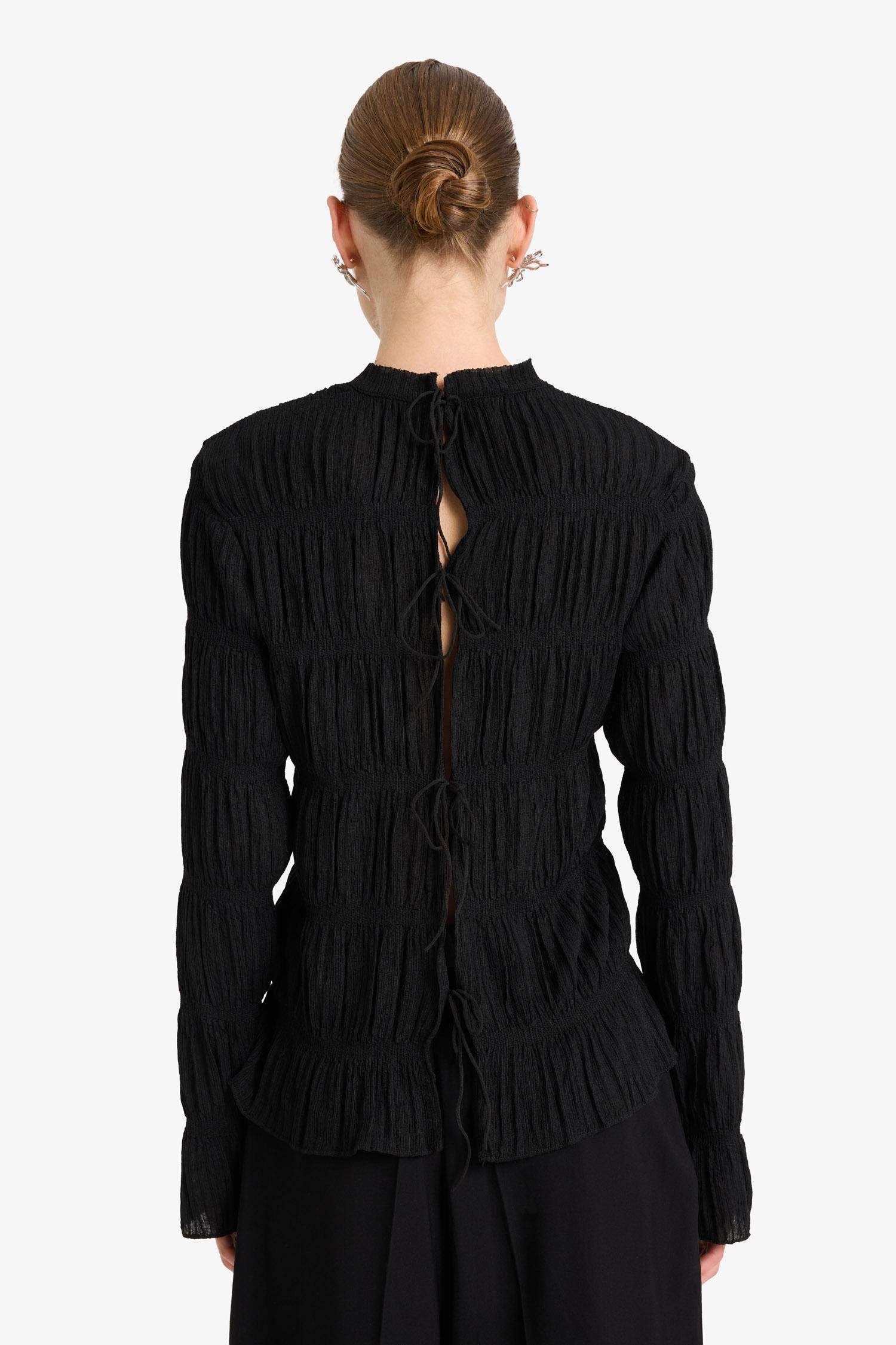 Regular Fit Bisiklet Yaka Arkası Bağlamalı Bürümcük Uzun Kollu Bluz