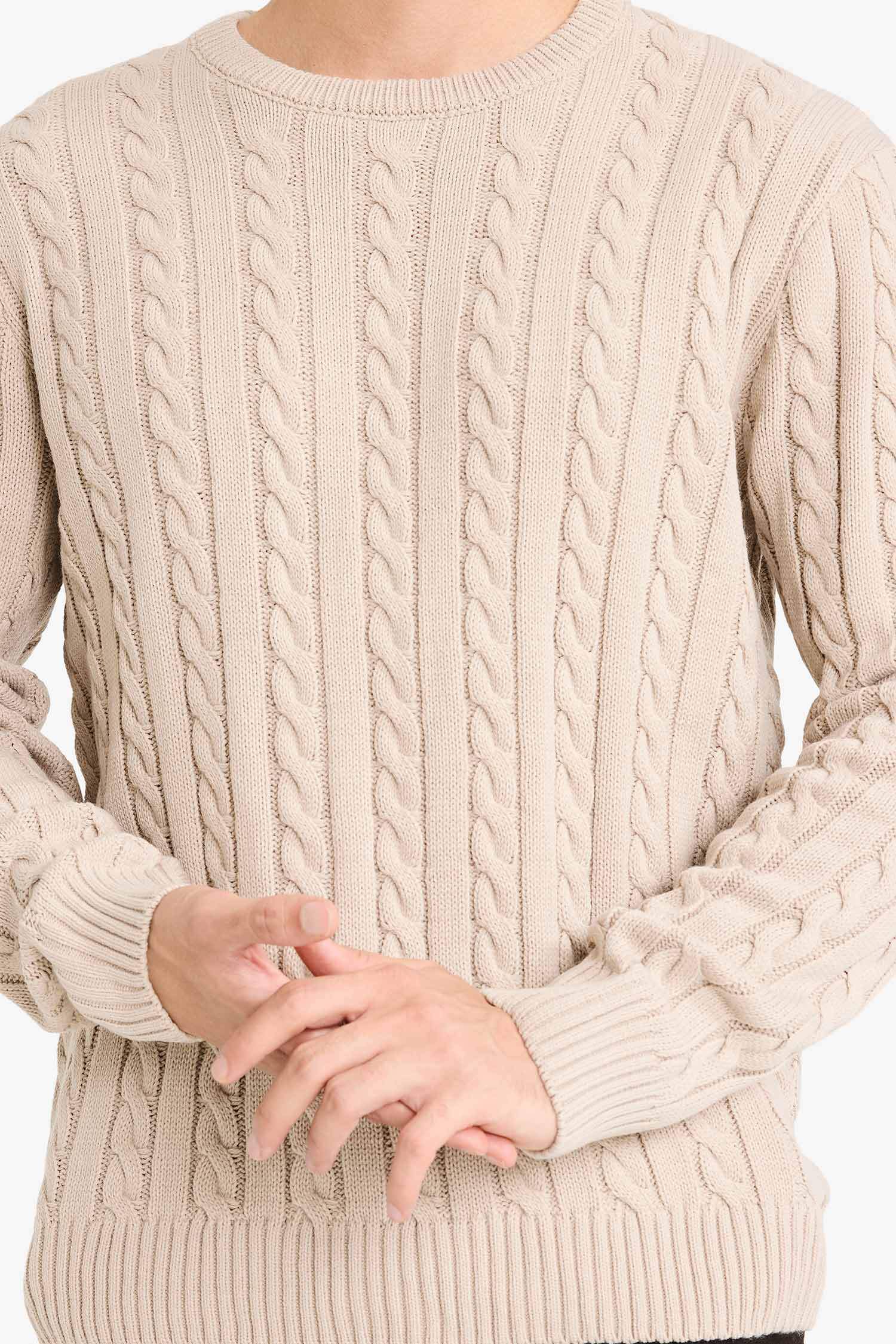 Standart Fit Bisiklet Yaka Saç Örgülü Triko Kazak