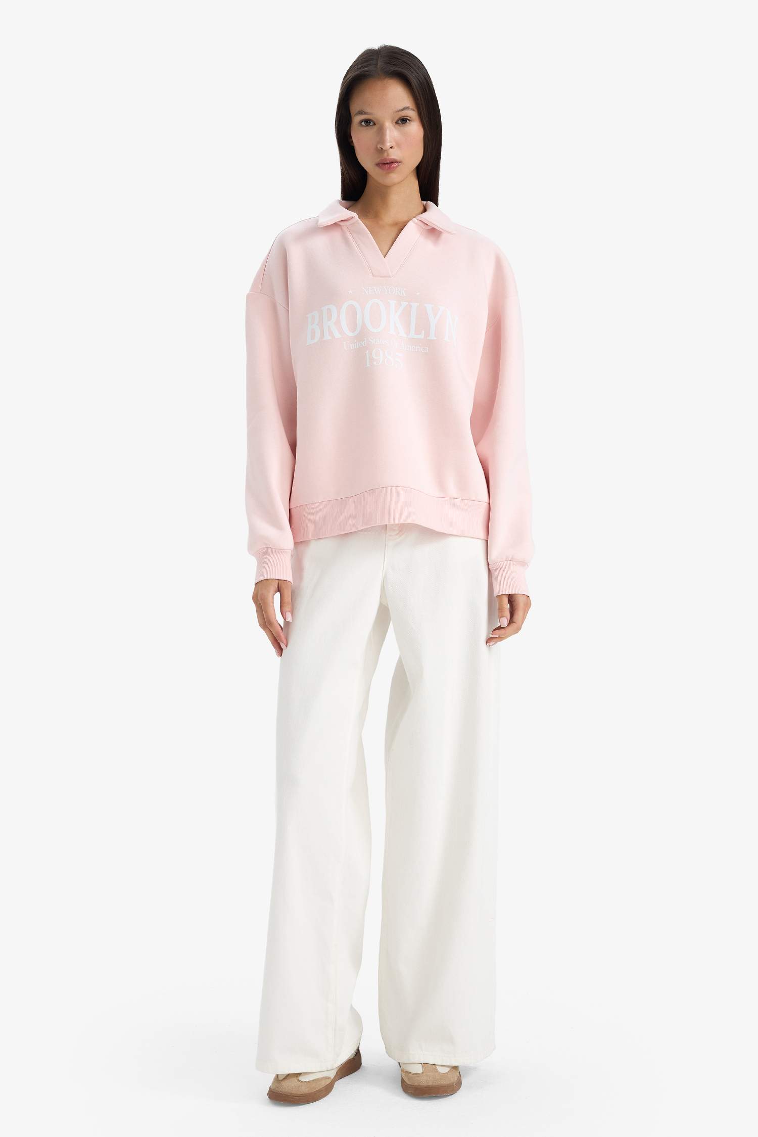 Relax Fit Polo Yaka Baskılı Kalın Sweatshirt