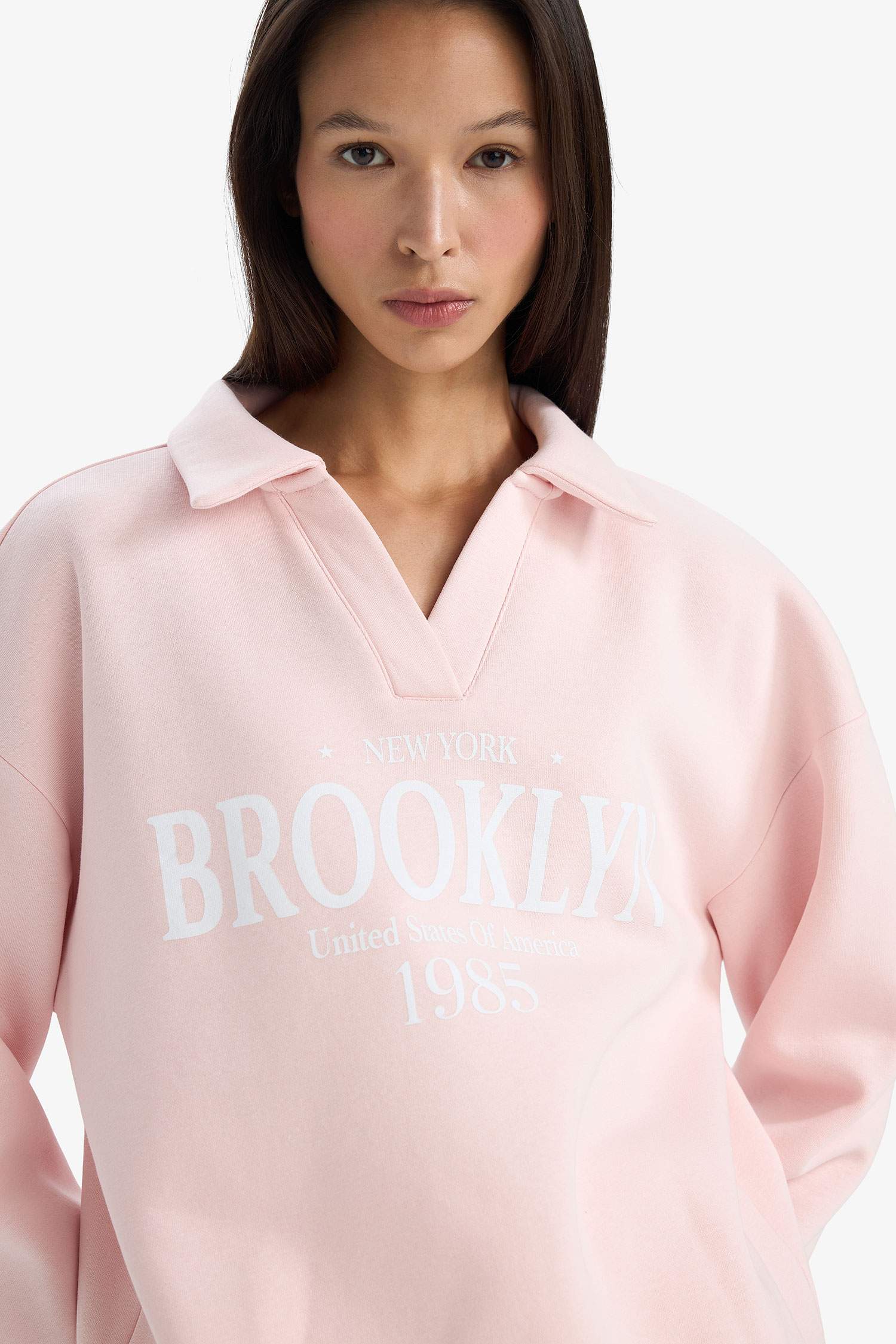 Relax Fit Polo Yaka Baskılı Kalın Sweatshirt