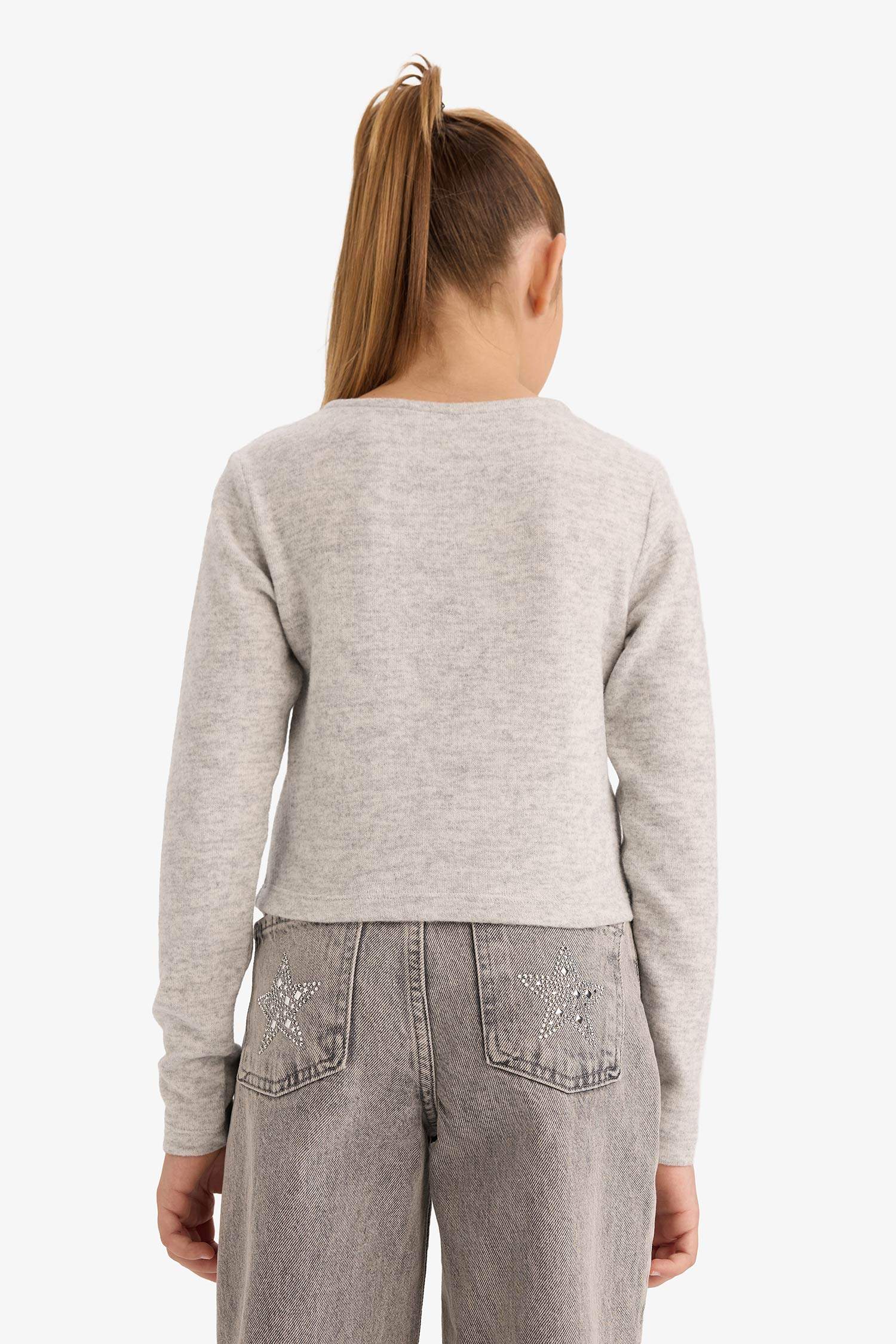 Kız Çocuk Slim Fit Dar Kesim Dantel Detaylı Fitilli Kaşkorse Uzun Kollu Tişört