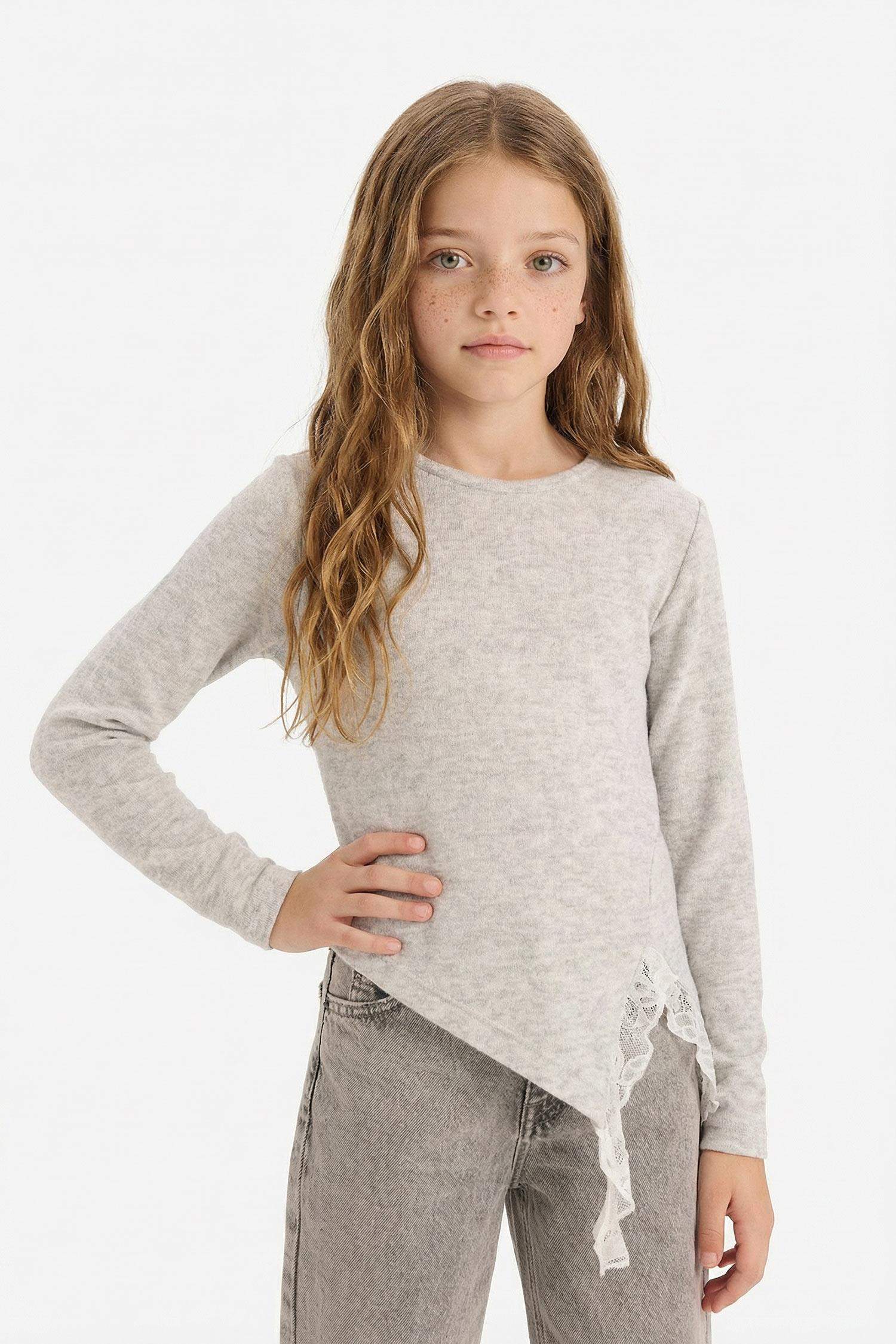 Kız Çocuk Slim Fit Dar Kesim Dantel Detaylı Fitilli Kaşkorse Uzun Kollu Tişört