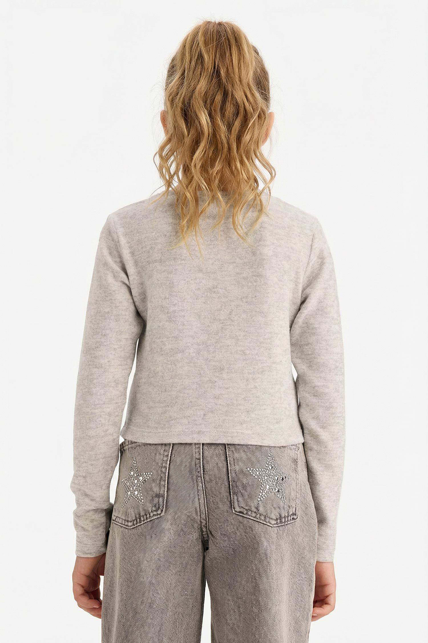 Kız Çocuk Slim Fit Dar Kesim Dantel Detaylı Fitilli Kaşkorse Uzun Kollu Tişört