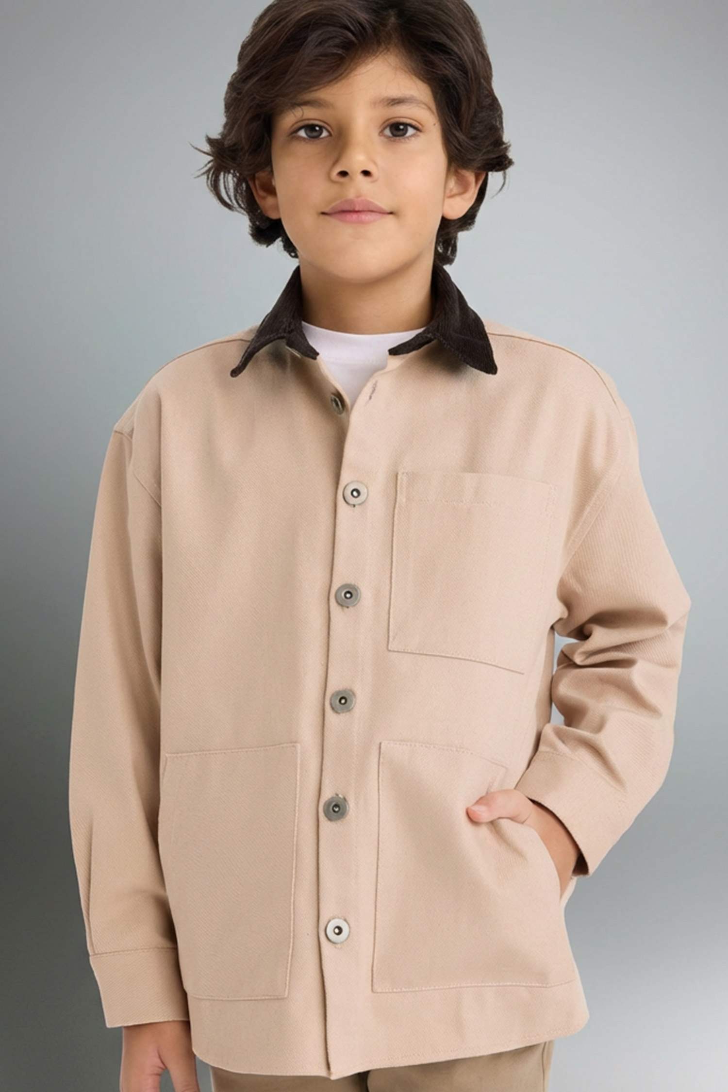 Boy Contrast Shirt Collar Gabardine Shirt Jacket