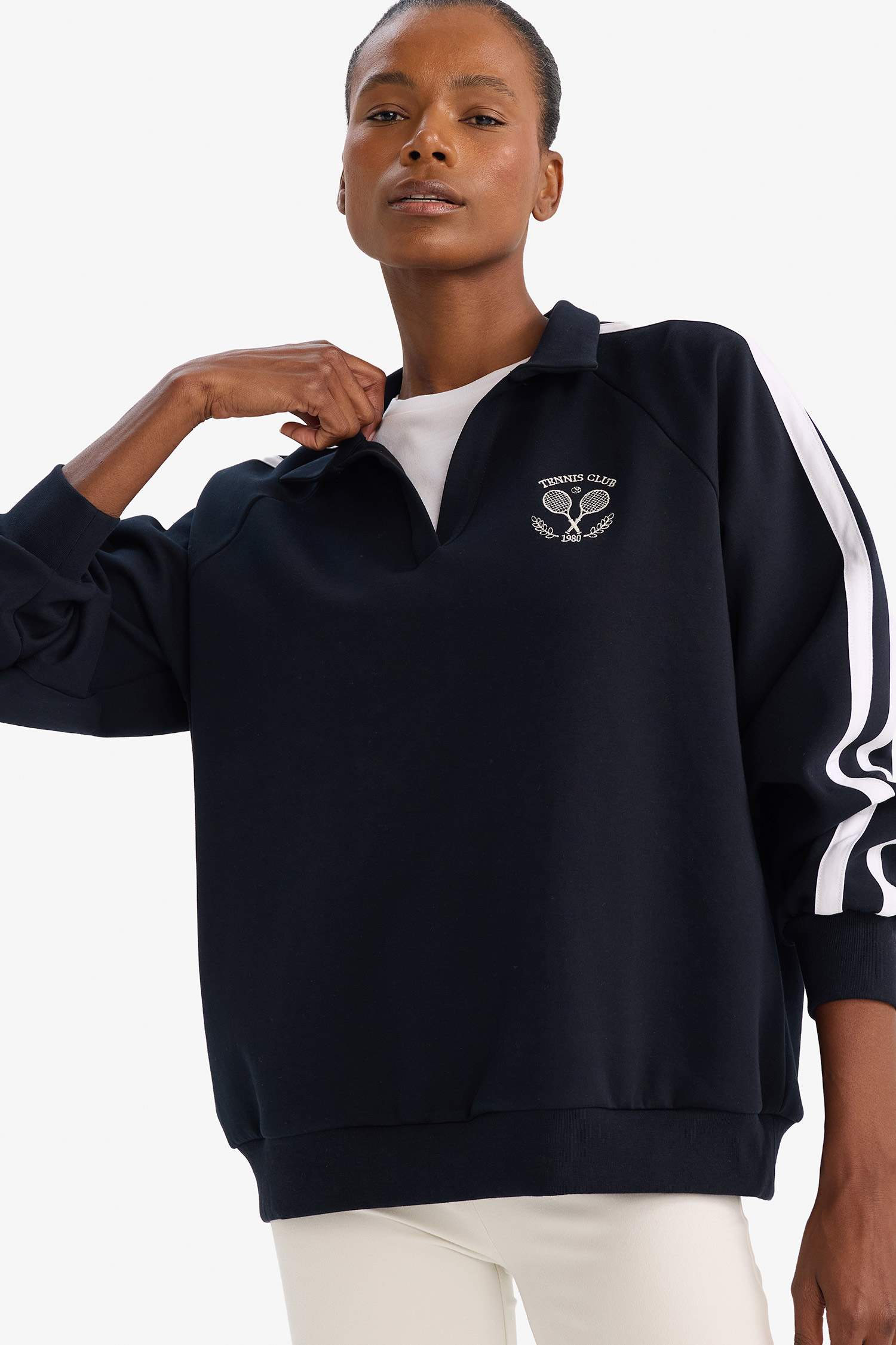 Oversıze Geniş Kalıp Polo Yaka Spor Baskılı Sweatshirt