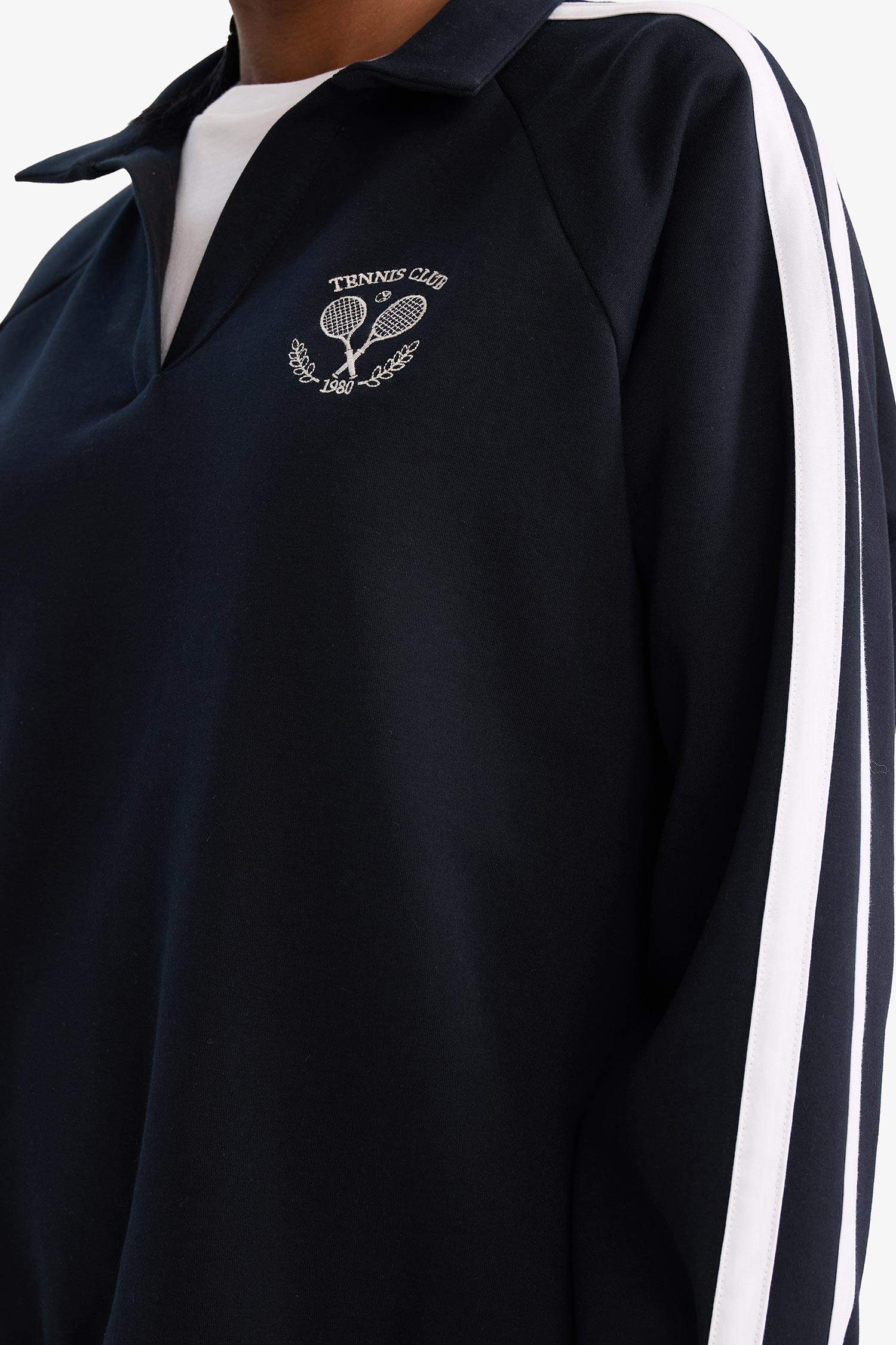 Oversıze Geniş Kalıp Polo Yaka Spor Baskılı Sweatshirt