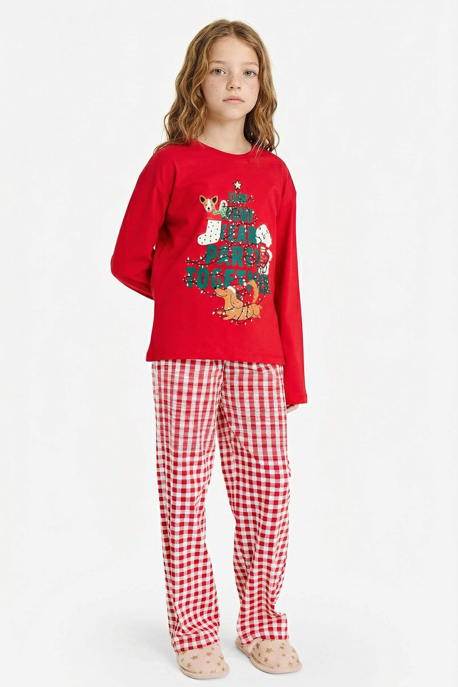Kız Çocuk Yılbaşı Temalı Pijama Takımı Uzun Kollu Üst Uzun Alt