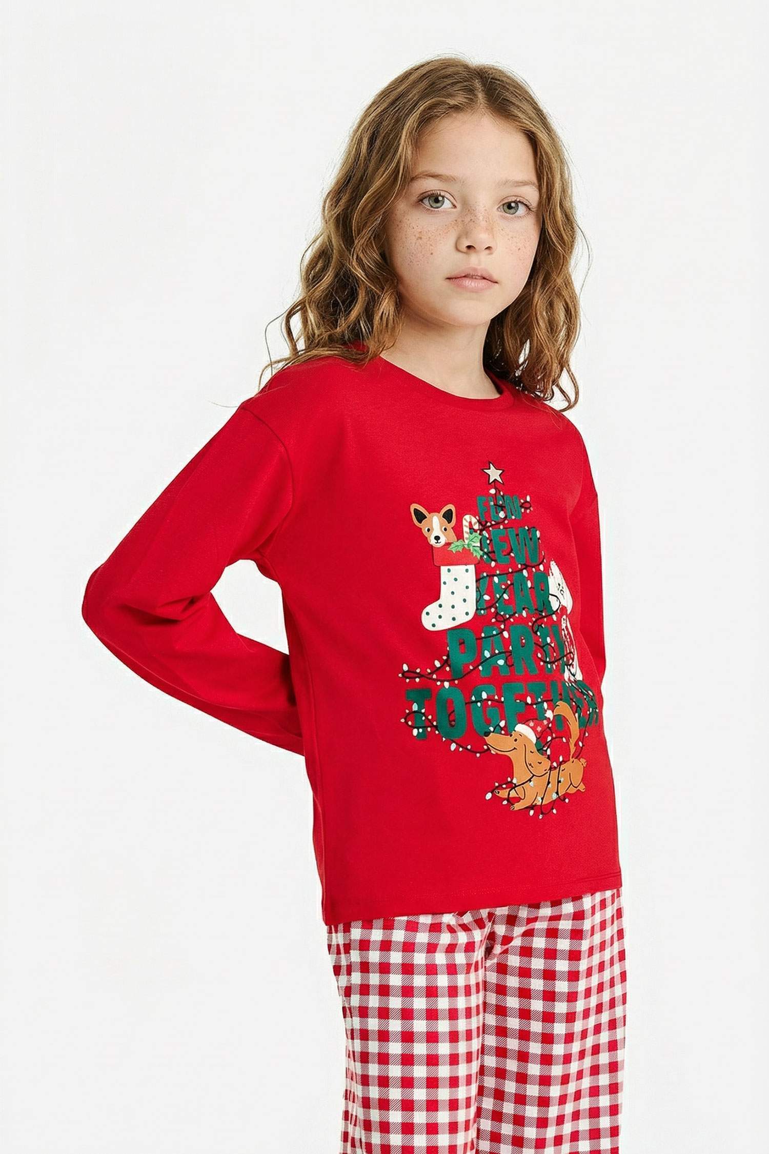 Kız Çocuk Yılbaşı Temalı Pijama Takımı Uzun Kollu Üst Uzun Alt