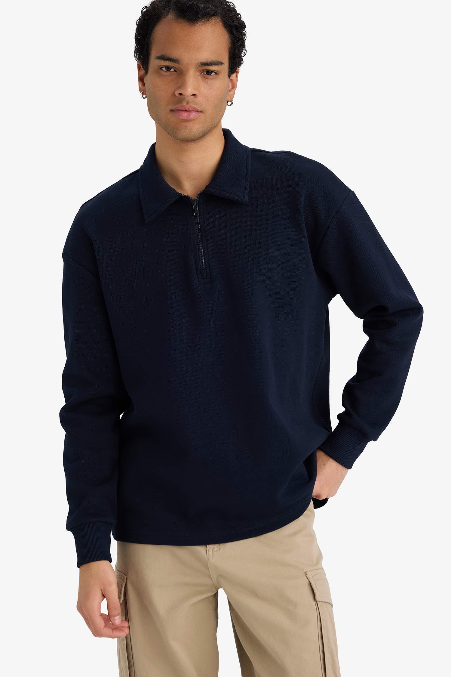 Boxy Fit Polo Yaka Yarım Fermuarlı Pike Sweatshirt