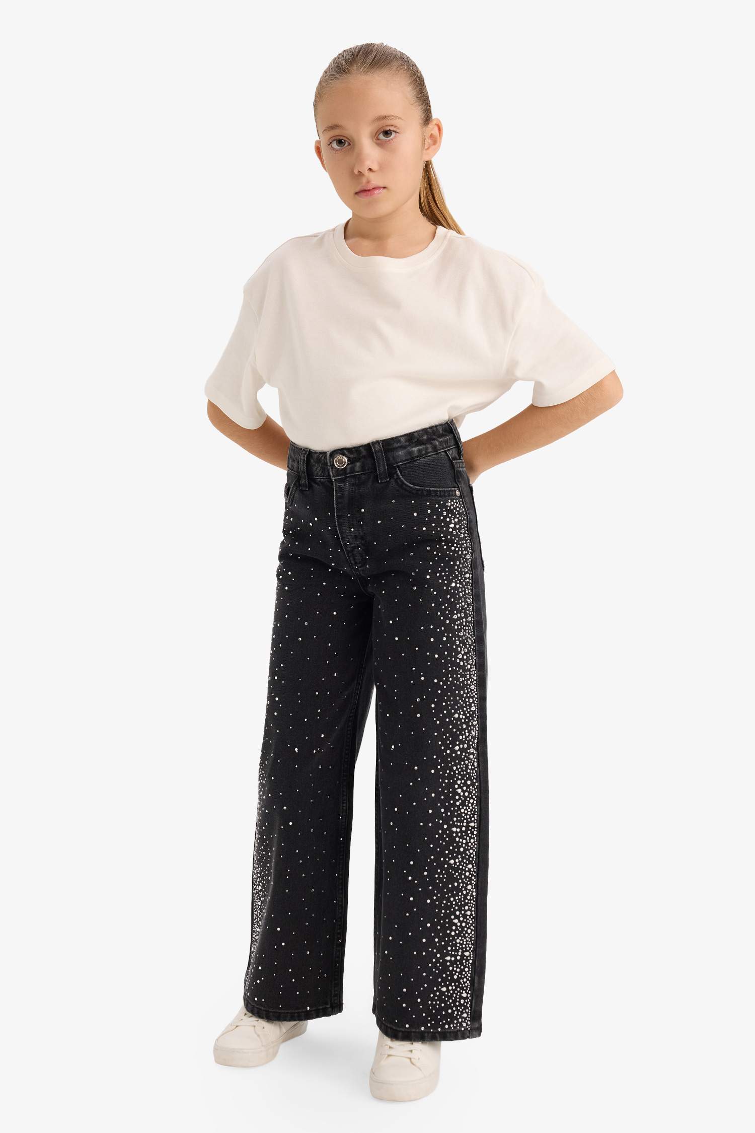 Kız Çocuk Yılbaşı Temalı Düz Paça Taşlı Jean Pantolon