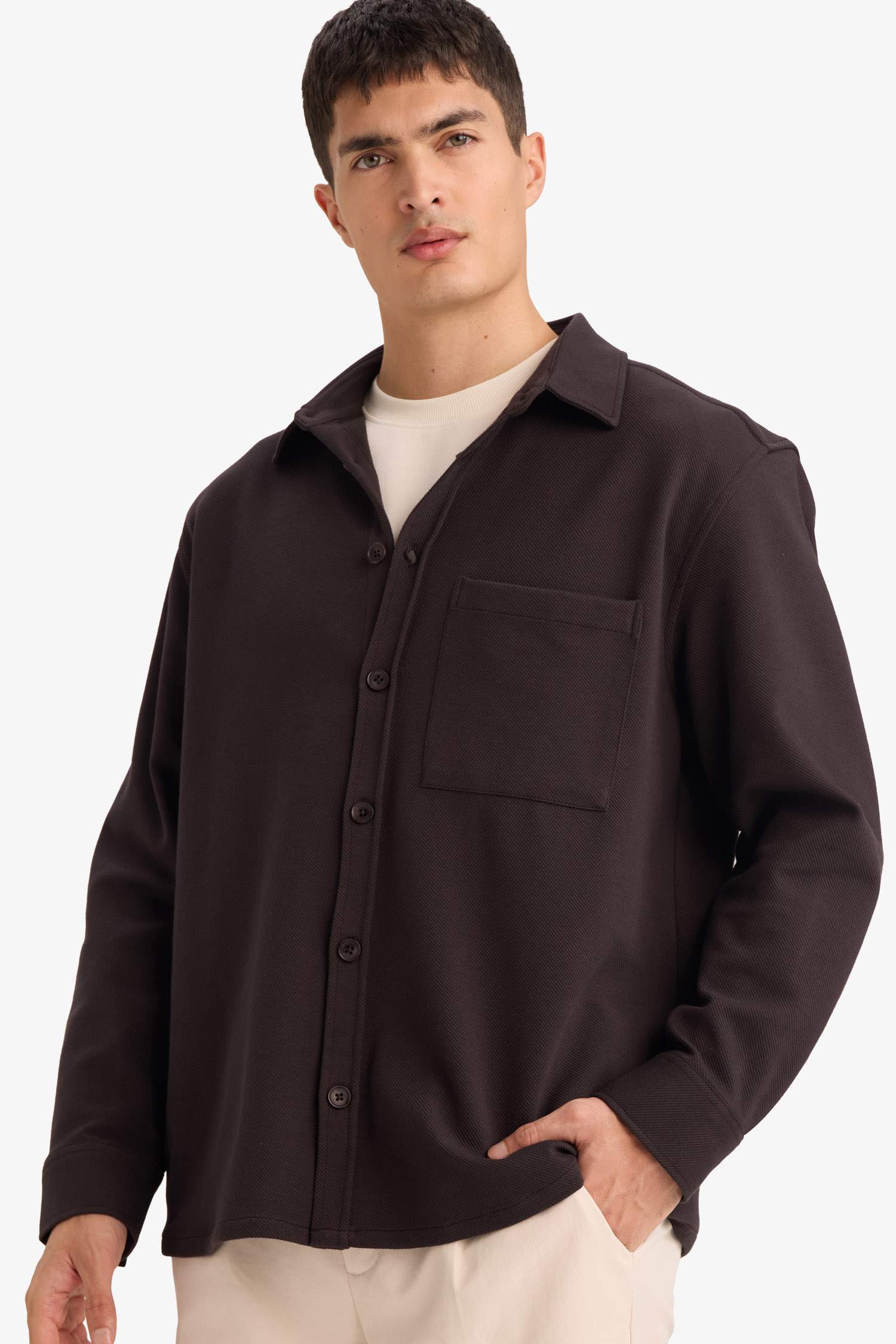 Relax Fit Polo Yaka Penye Uzun Kollu Gömlek