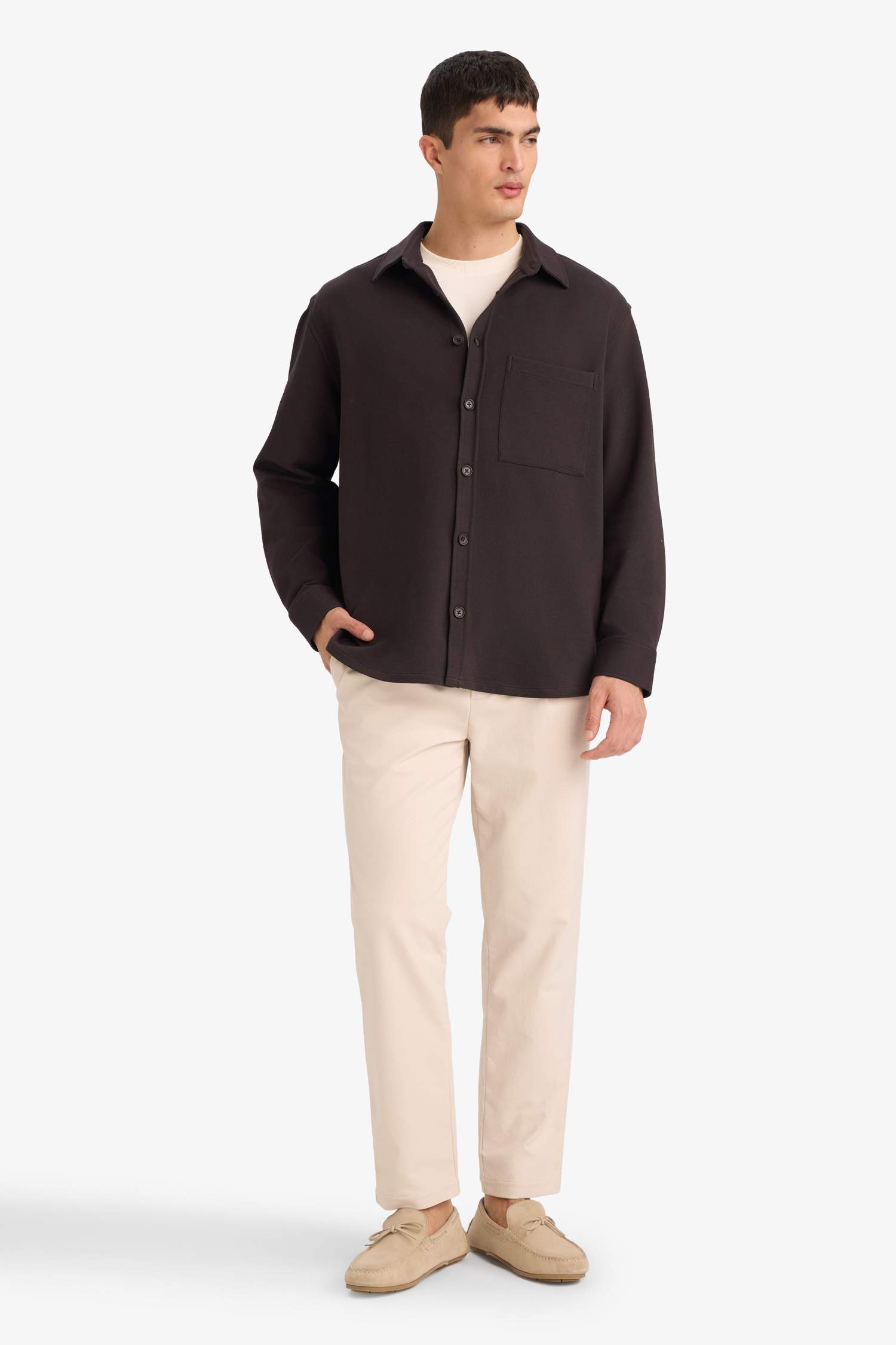 Relax Fit Polo Yaka Penye Uzun Kollu Gömlek