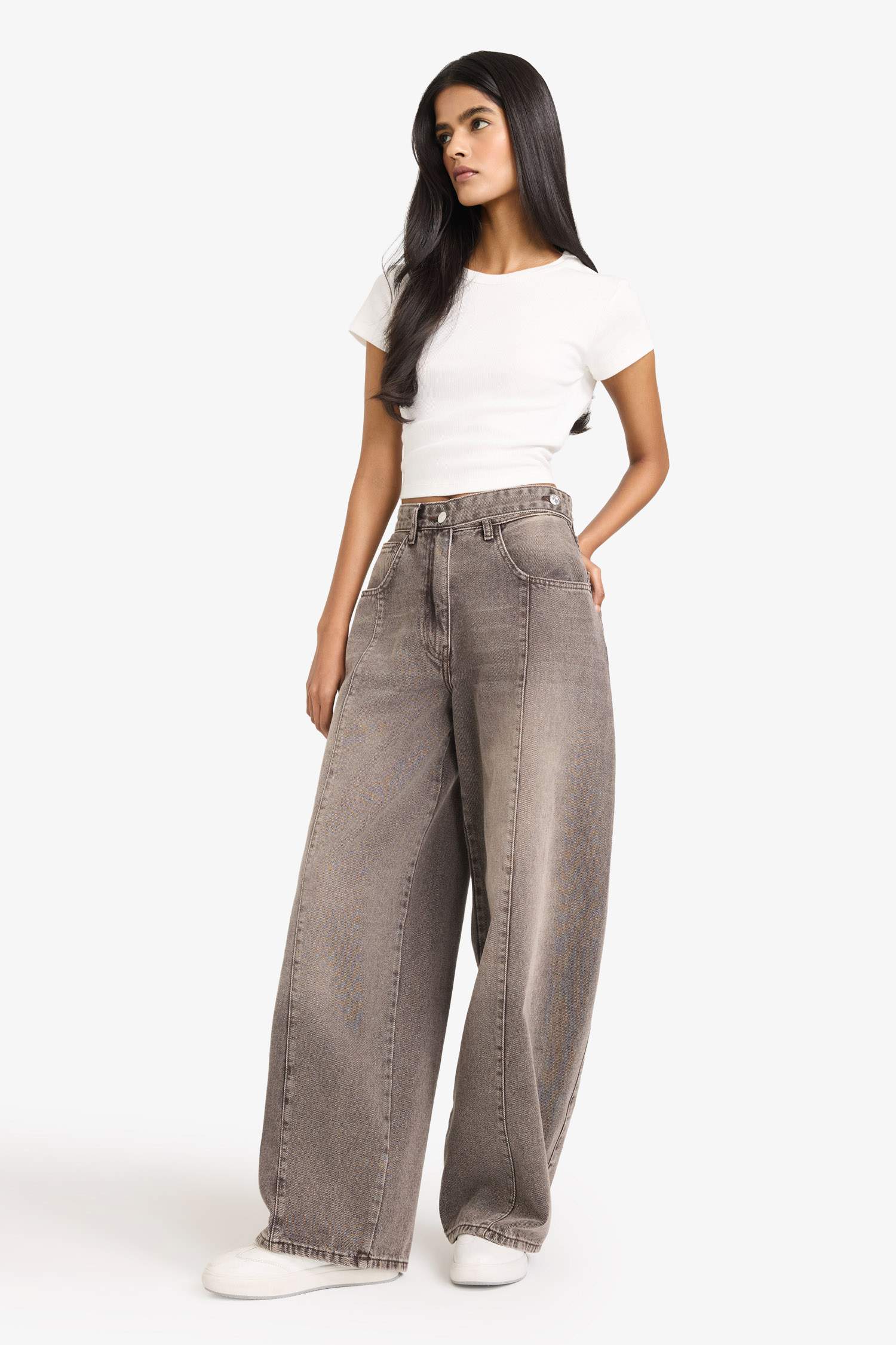 Barrel Fit Yüksek Bel Uzun Jean Yıkamalı Pantolon